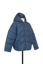 AVIO hooded nylon duvet jacket with relaxed drop shoulders and oblique quilting by Random Identities