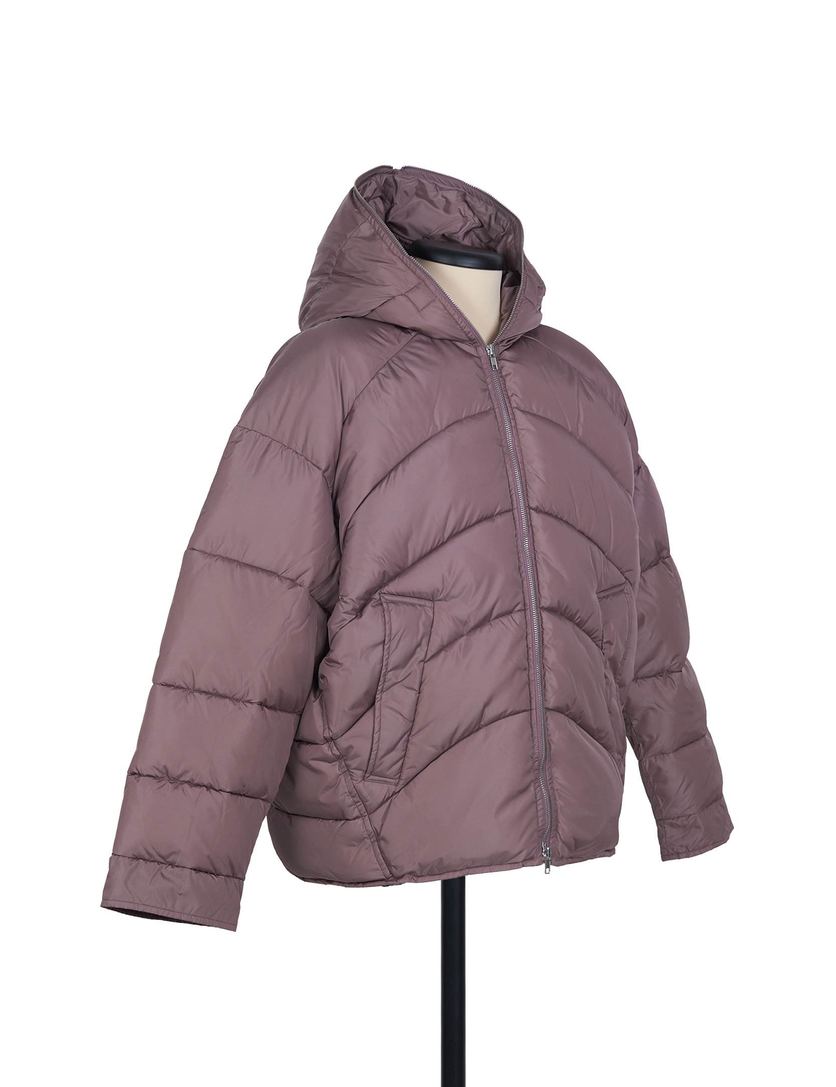 Dirty Pink hooded nylon puffer with relaxed drop shoulders by Random Identities