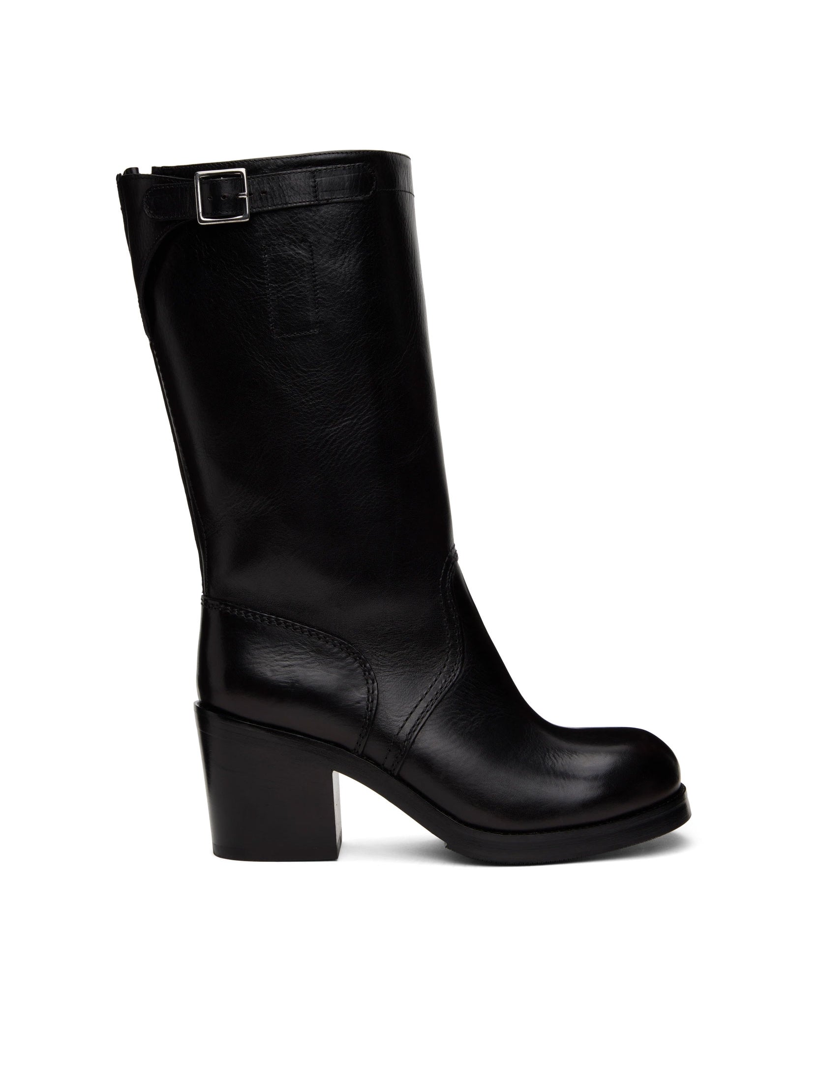 Random Identities Fireman Boots in Black, all leather knee high boot with 9 cm heel and reinforced steel toe