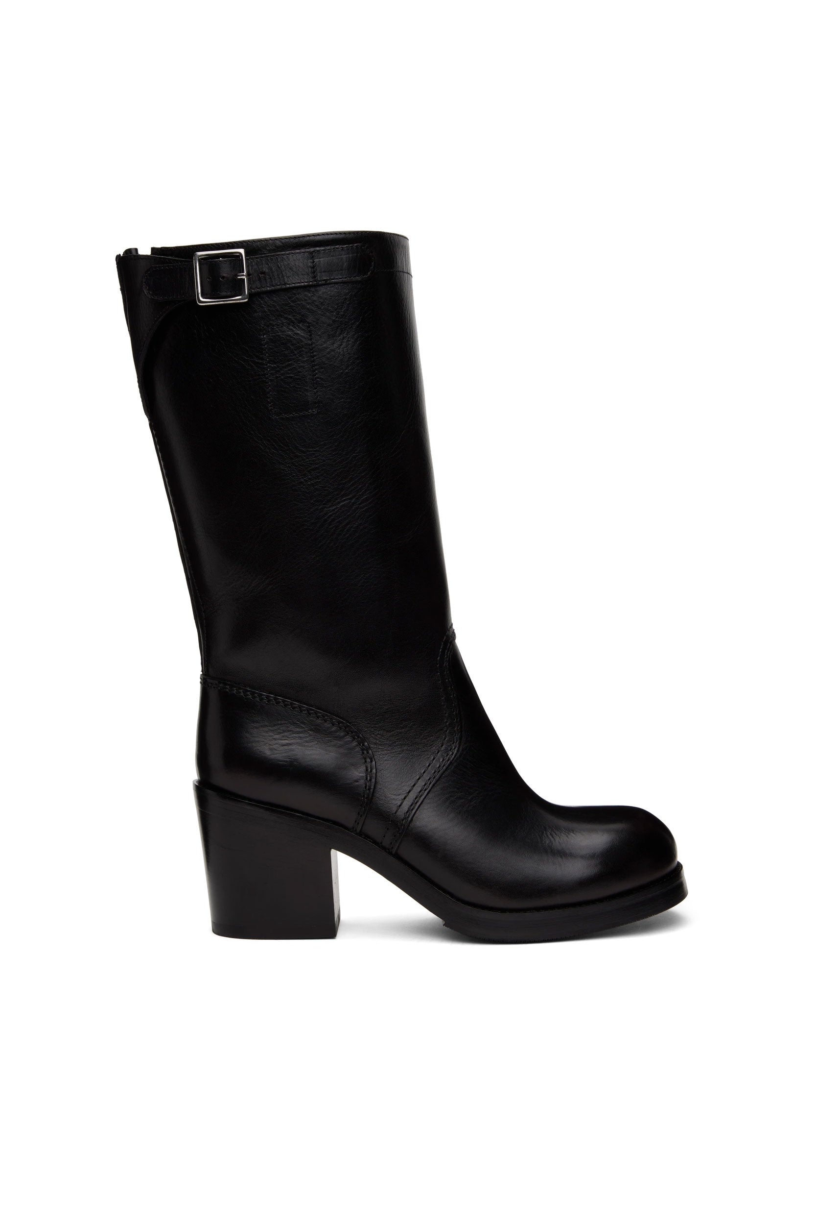 Random Identities Fireman Boots in Black, all leather knee high boot with 9 cm heel and reinforced steel toe
