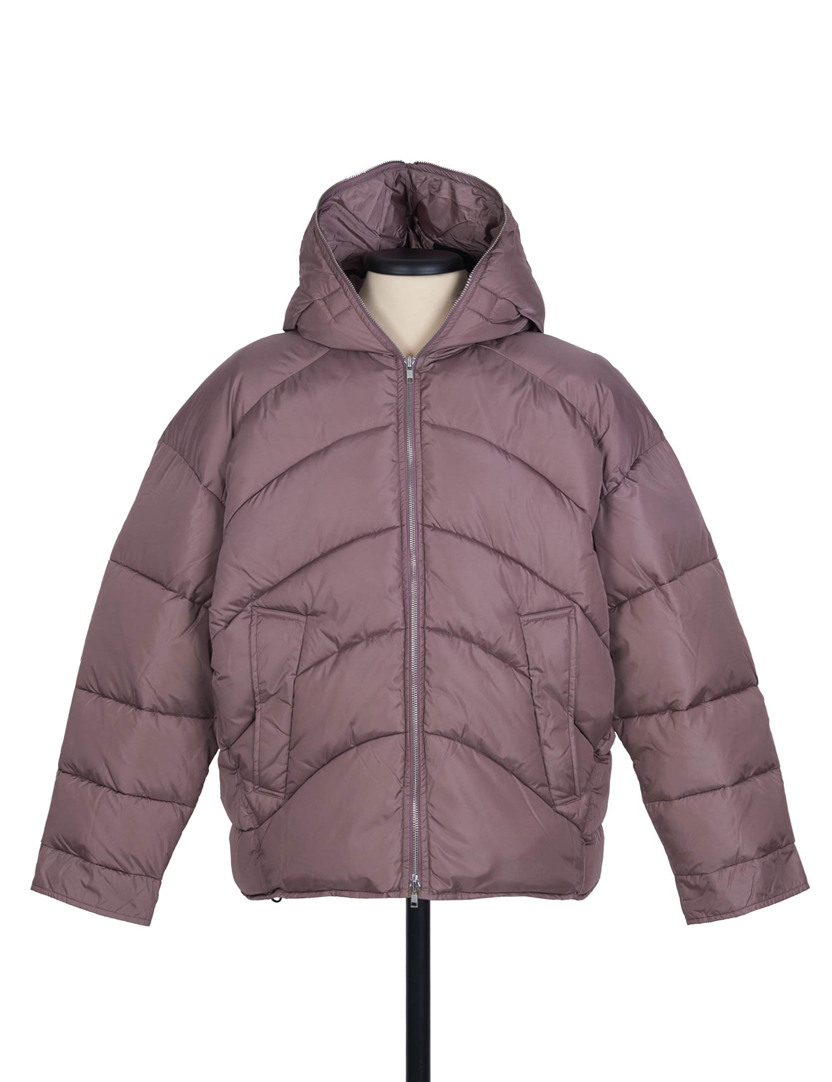 Random Identities Duvet Puffer Jacket in Dirty Pink, hooded with diagonal quilting and S&M zip