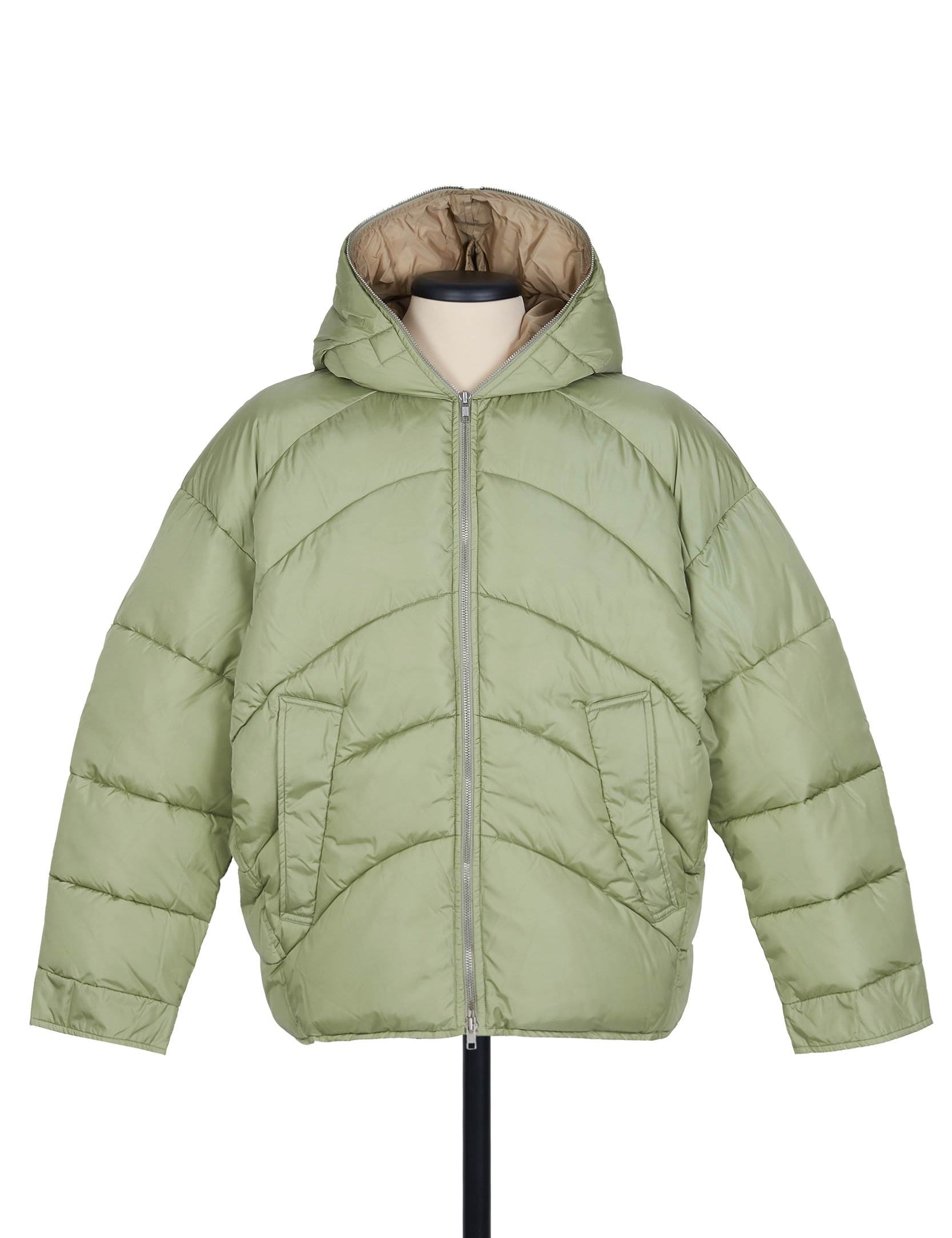 Random Identities Duvet Puffer Jacket in Tea Green, hooded with diagonal quilting and S&M front zip