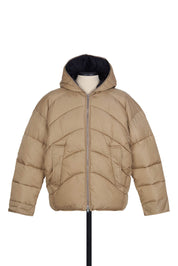 Random Identities Duvet Puffer Jacket in beige nylon with hood, oblique quilting, drop shoulder and S&M zip closure