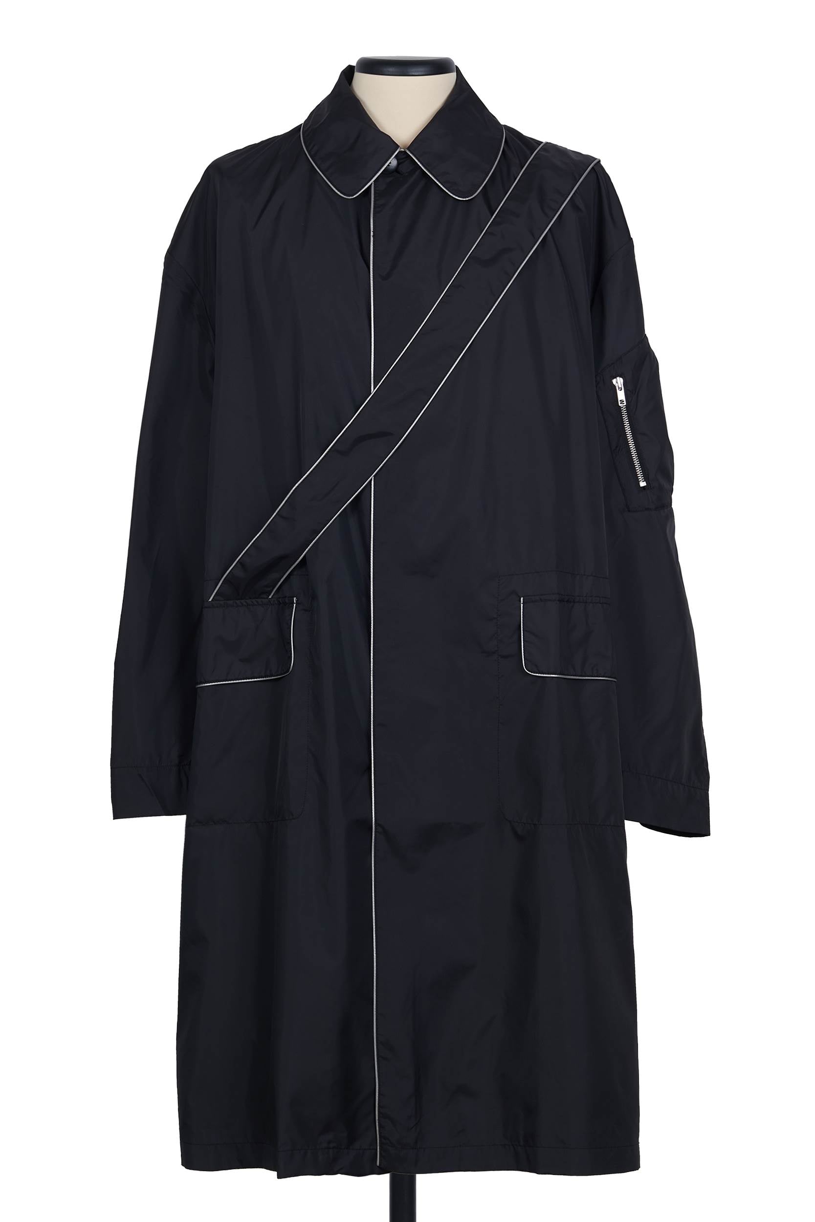 Random Identities Raincoat With Strap And Piping in Black, light nylon with contrast piping and diagonal strap