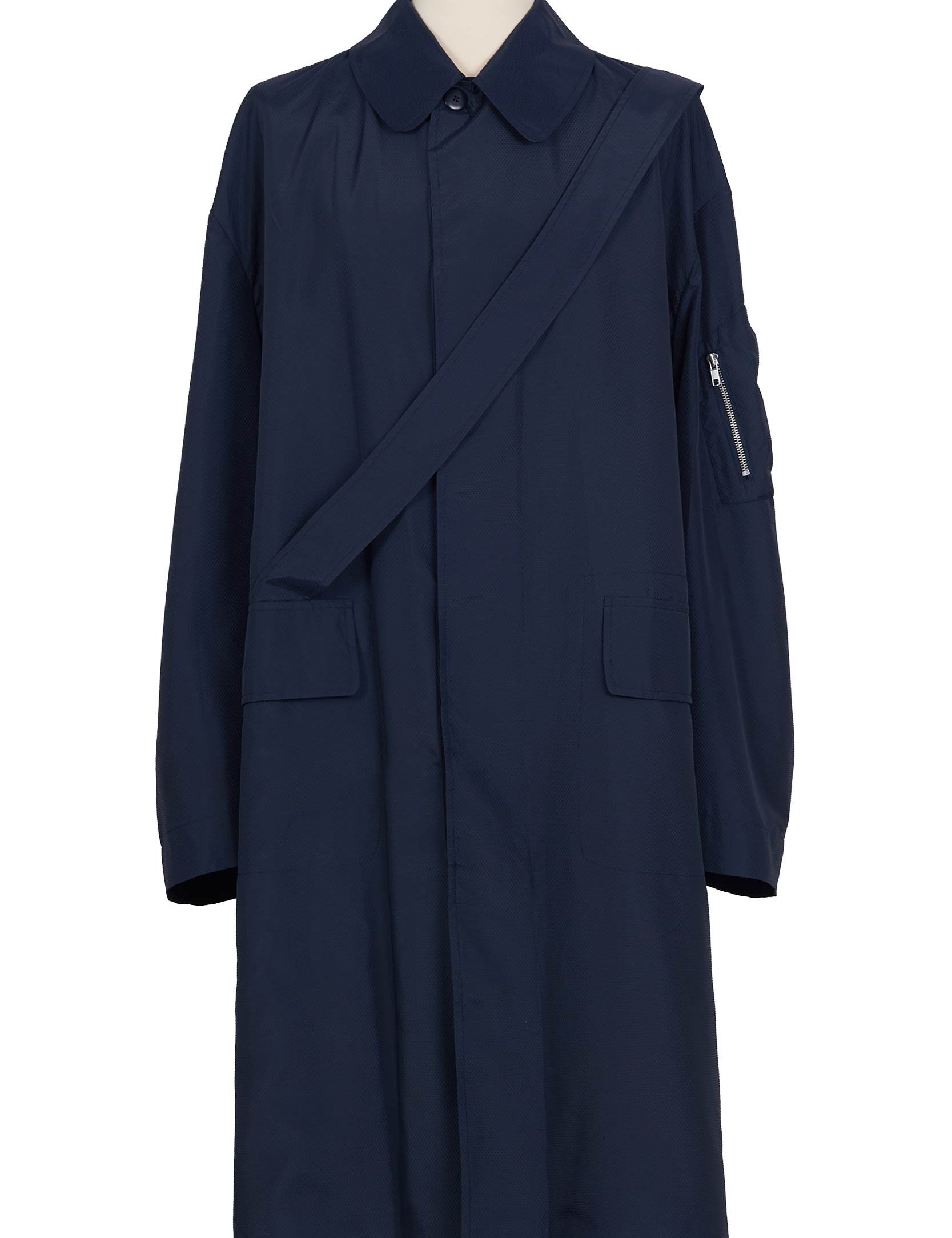 Random Identities Raincoat With Strap in Navy, light textured nylon with flap pockets and diagonal self‑fabric strap 