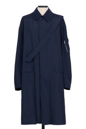Random Identities Raincoat With Strap in Navy, light textured nylon with flap pockets and diagonal self‑fabric strap 