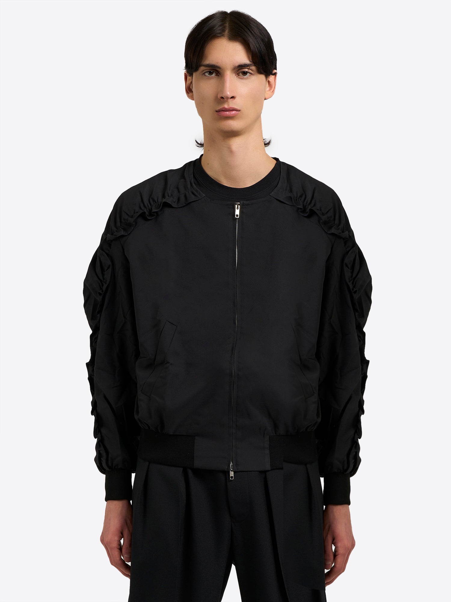 Bomber with Ruffled Sleeve - Black