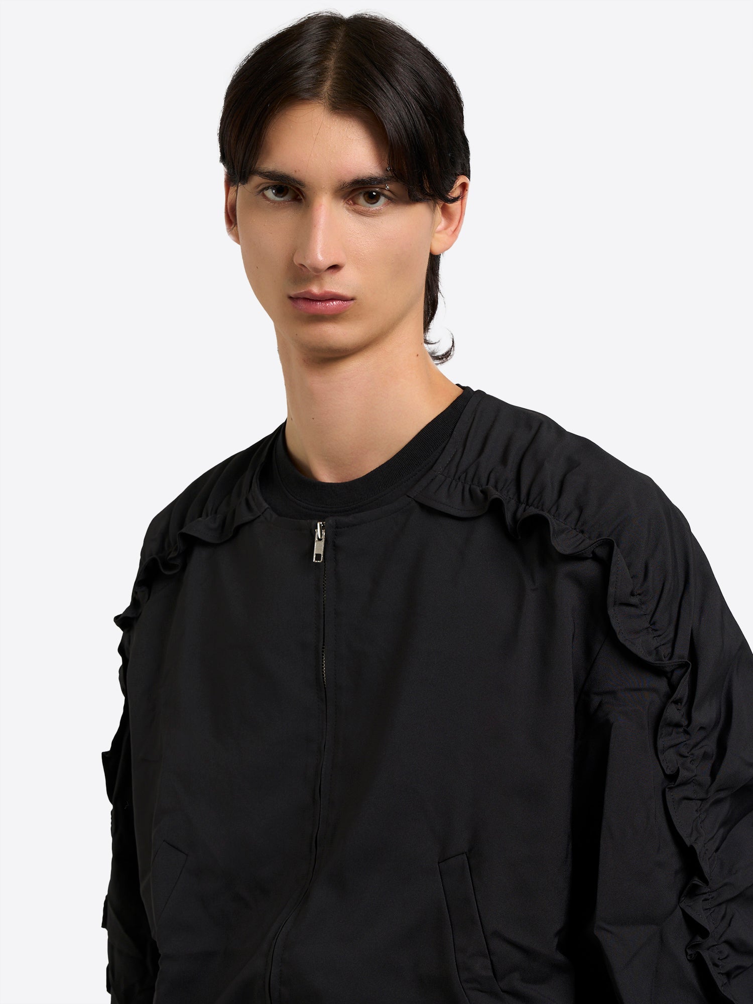 Bomber with Ruffled Sleeve - Black