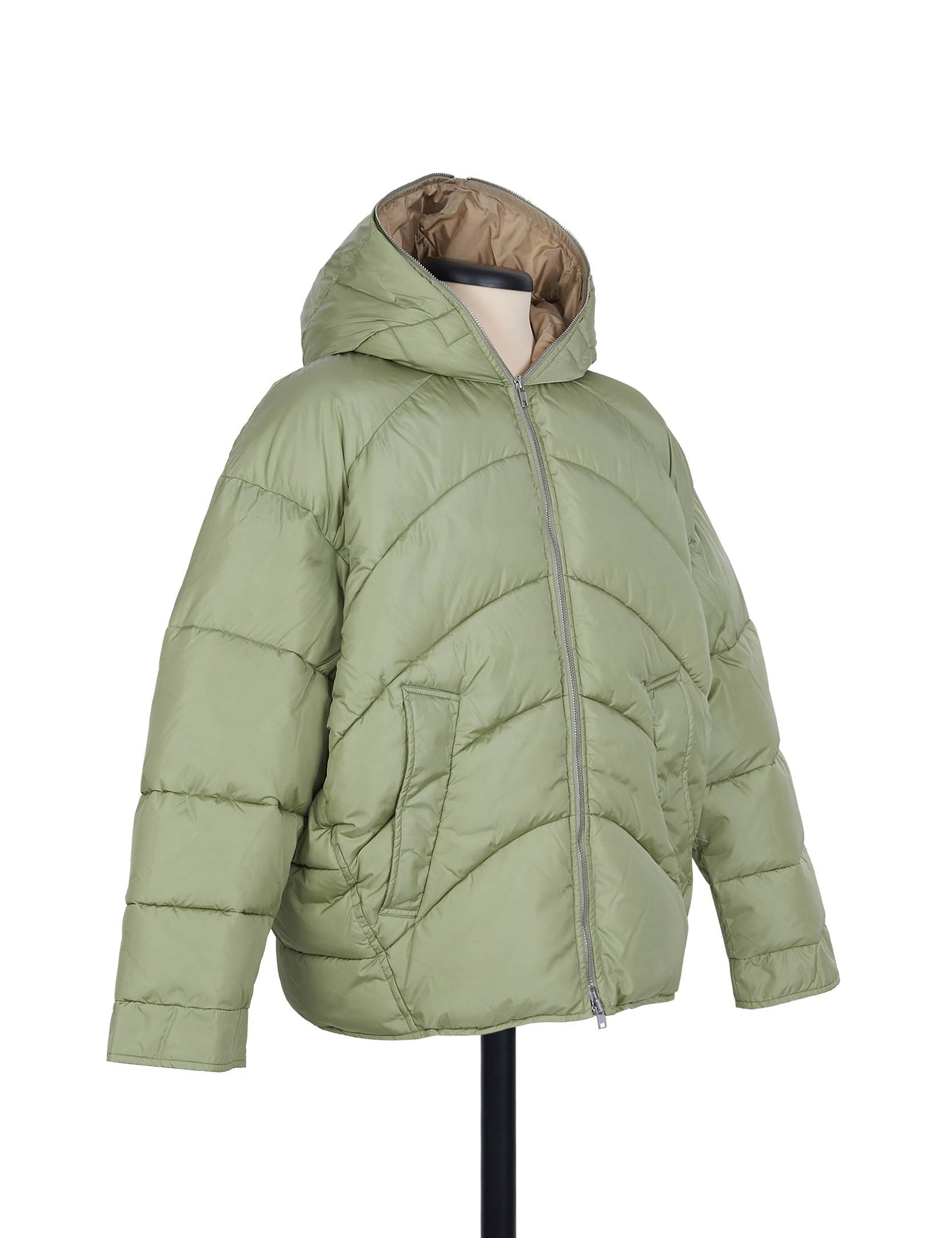 Tea Green hooded nylon puffer by Random Identities with relaxed drop shoulders and oblique quilting