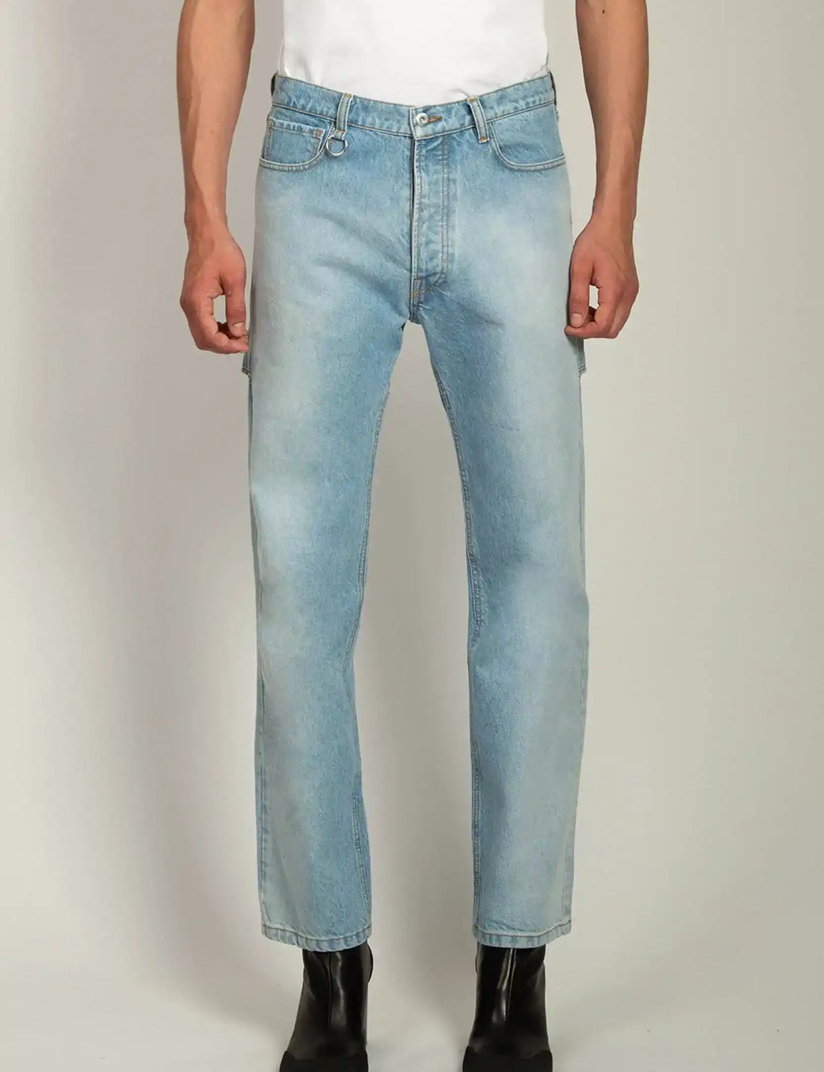 Random Identities Back Slash Jeans in sunfade. straight‑leg classic fit with contrast top‑stitching and back mid‑thigh slash openings