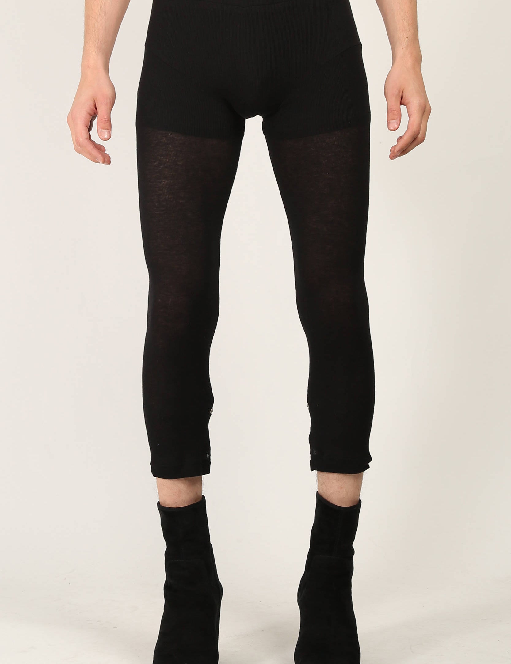 Random Identities Rib Leggings in Black, super soft fine ribbed jersey leggings with cuff split and press button fastening, front view
