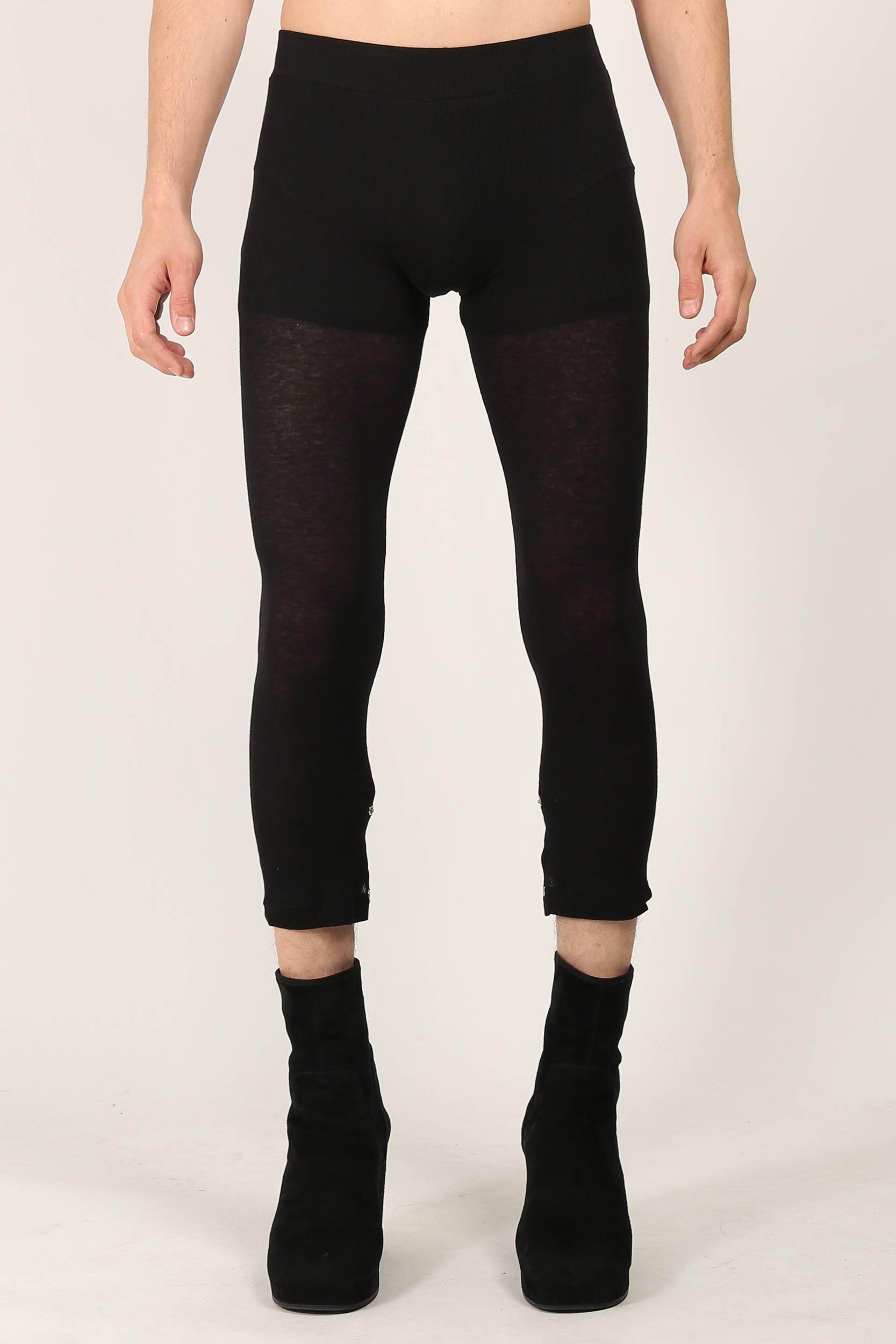 Random Identities Rib Leggings in Black, super soft fine ribbed jersey leggings with cuff split and press button fastening, front view