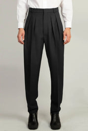 Random Identities Pleated Tapered Trouser in Black, gaberdine high waist two-pleat tapered trouser, front view