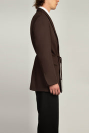 Mid Brown Peak Lapel Coulisse Blazer by Random Identities styled with matching pleated tapered trouse