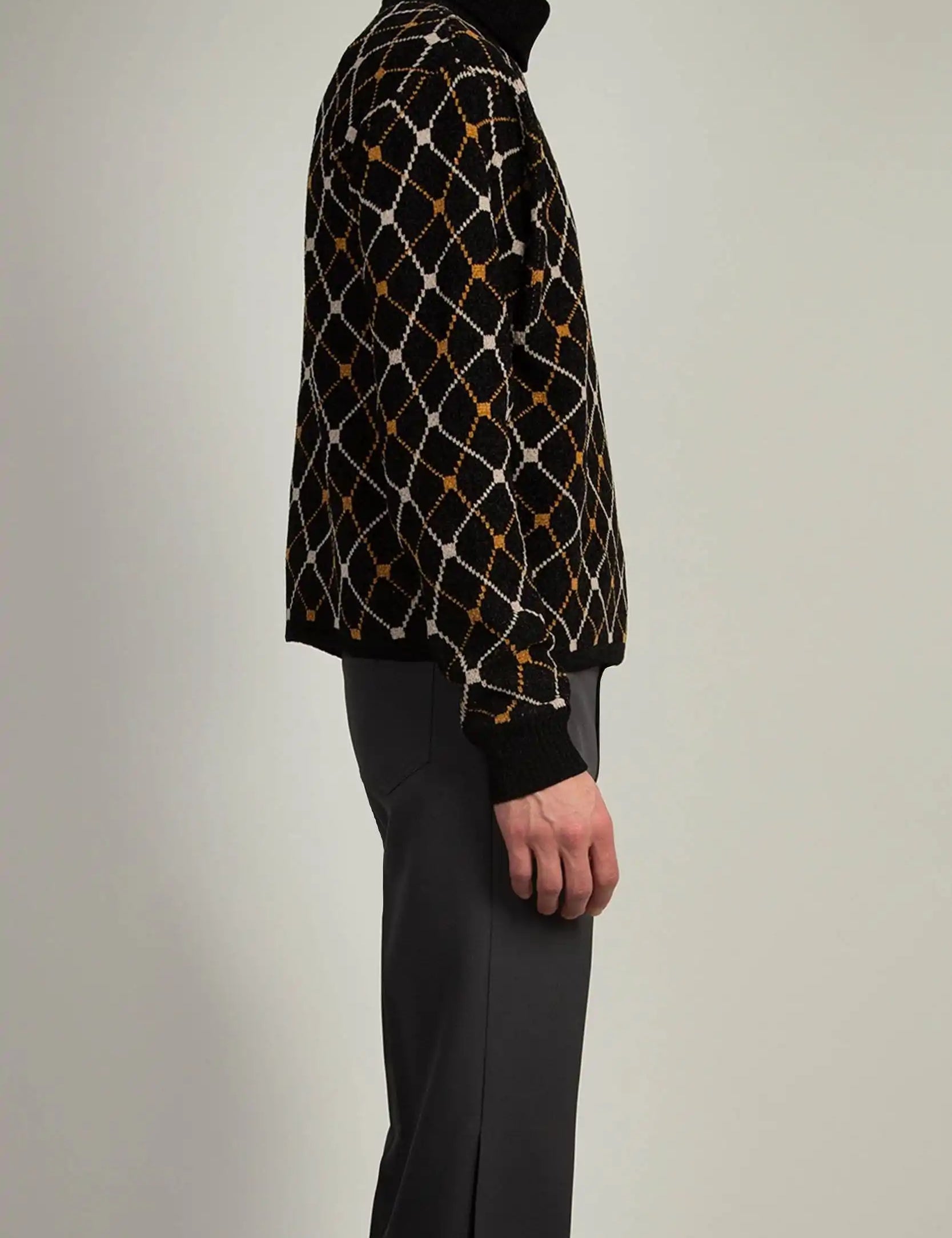 Black Jaquard Roll Neck sweater by Random Identities showing three-colour jacquard pattern and 1x1 rib trims
