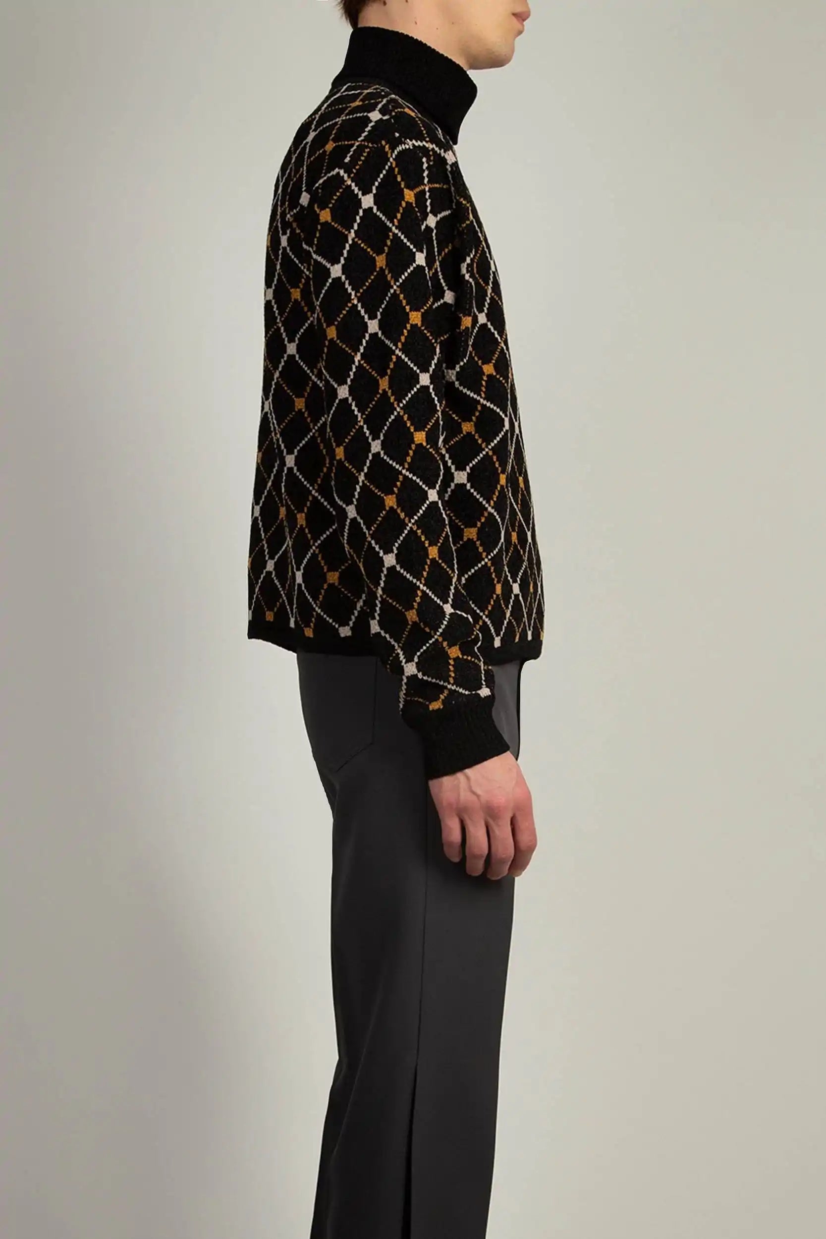 Black Jaquard Roll Neck sweater by Random Identities showing three-colour jacquard pattern and 1x1 rib trims