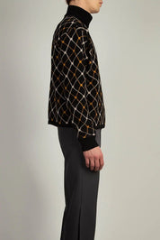 Black Jaquard Roll Neck sweater by Random Identities showing three-colour jacquard pattern and 1x1 rib trims