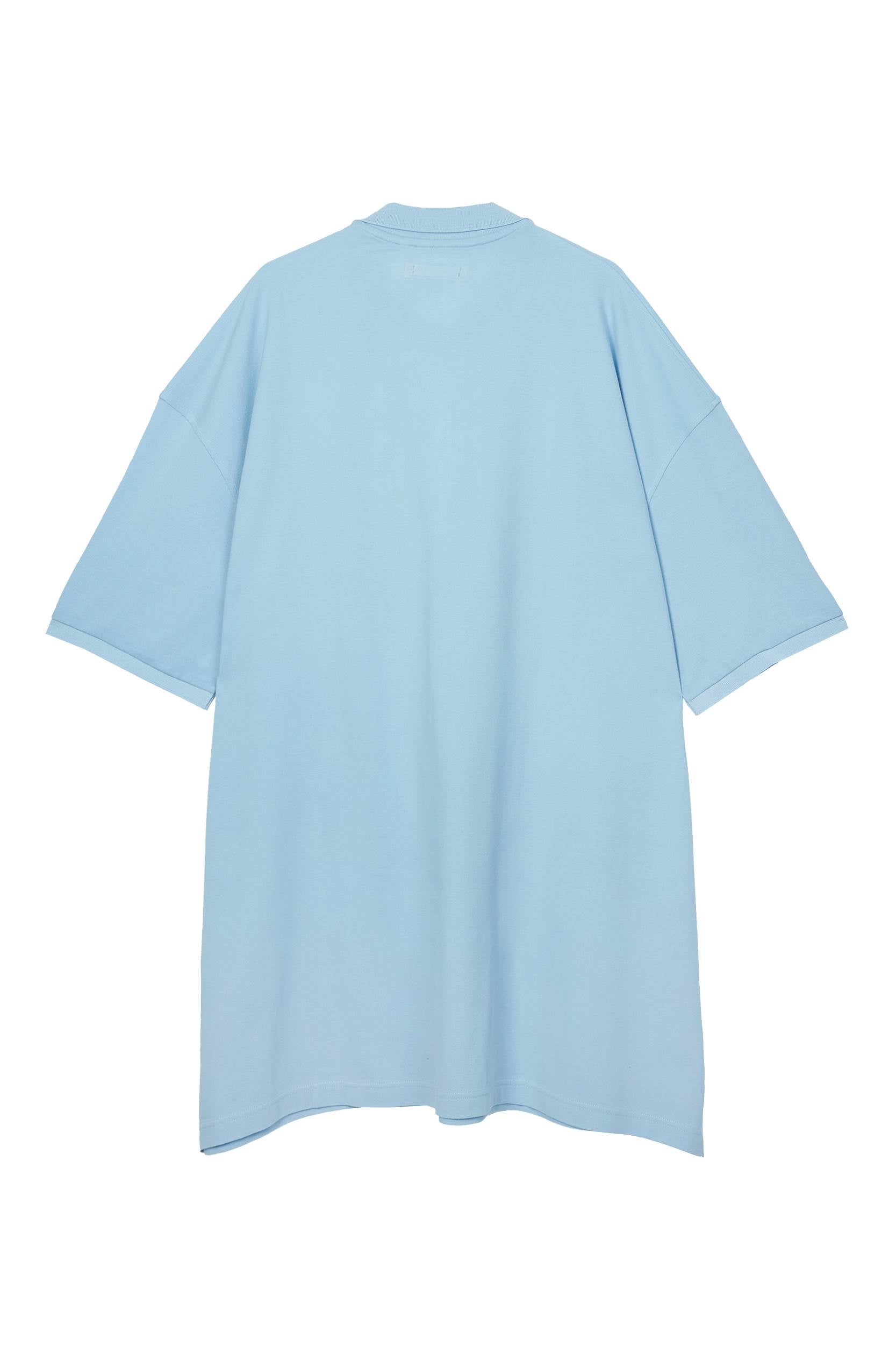 Sky Blue piqué maxi polo by Random Identities. covered zip placket, flat-knit collar