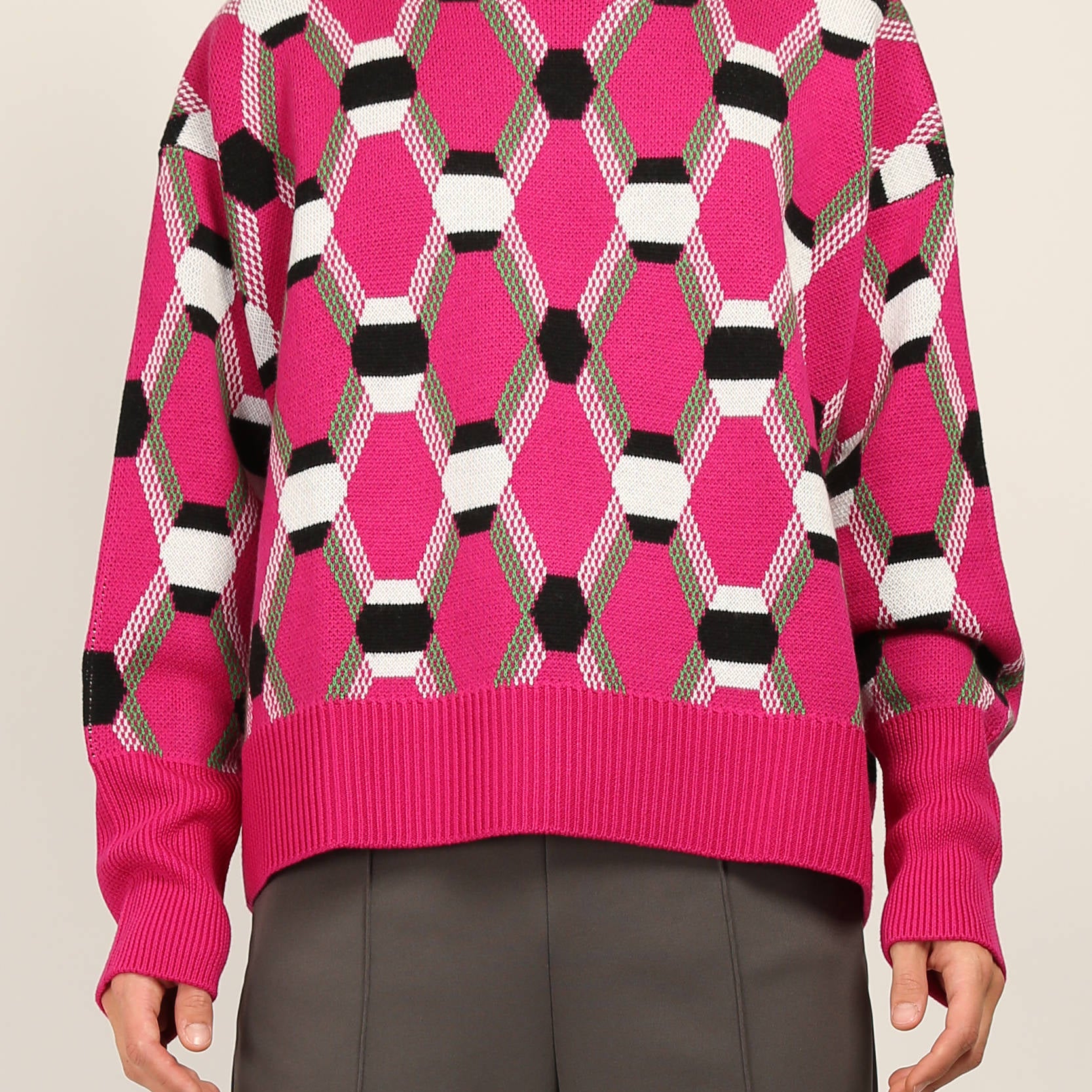 Random Identities Roll Neck Jacquard Sweater in Pink, oversize mid-gauge roll neck with four-colour argyle jacquard, front view