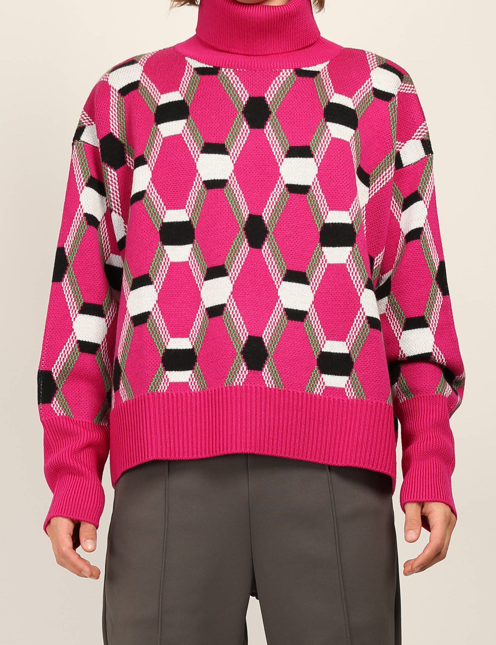 Random Identities Roll Neck Jacquard Sweater in Pink, oversize mid-gauge roll neck with four-colour argyle jacquard, front view