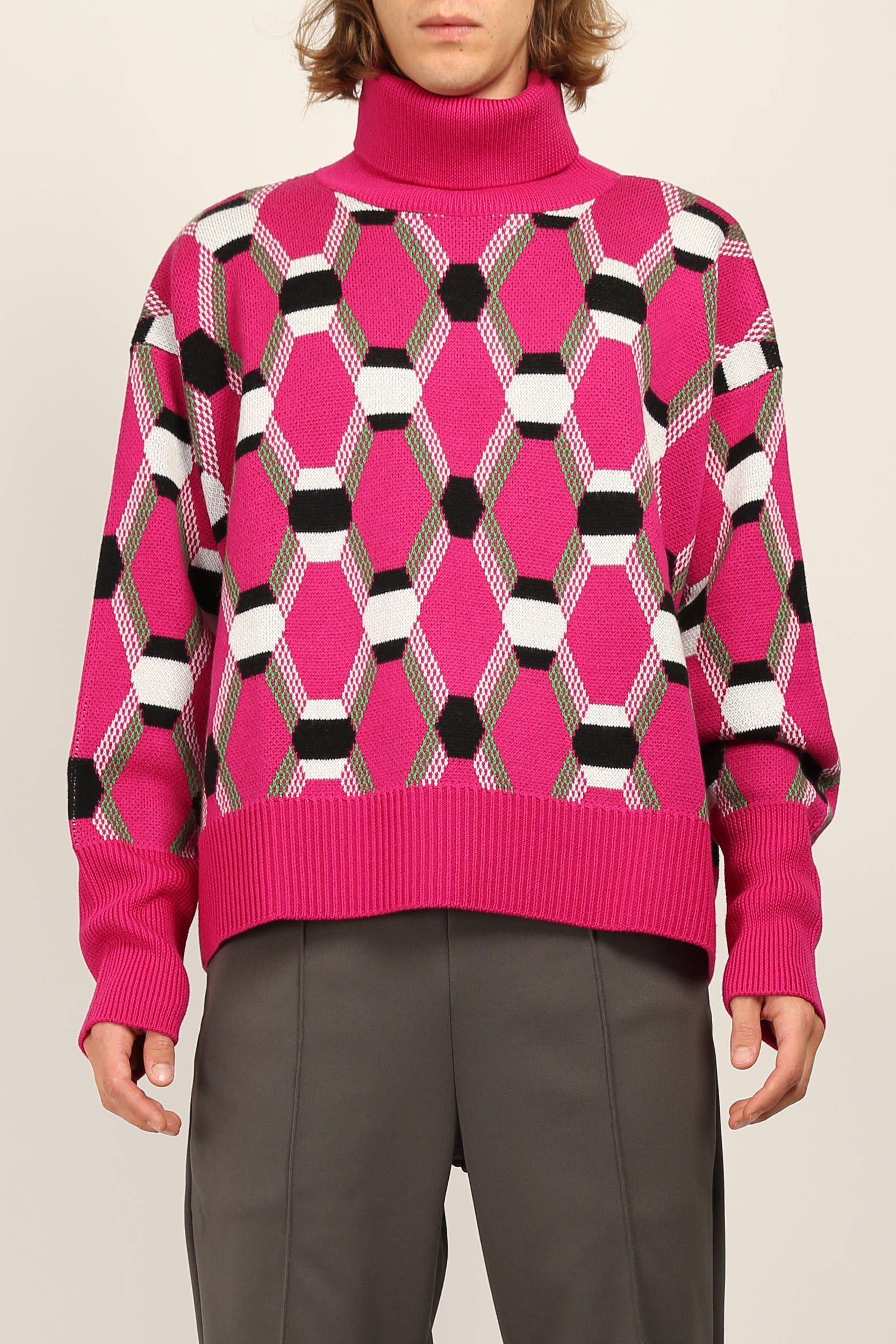 Random Identities Roll Neck Jacquard Sweater in Pink, oversize mid-gauge roll neck with four-colour argyle jacquard, front view