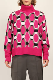 Random Identities Roll Neck Jacquard Sweater in Pink, oversize mid-gauge roll neck with four-colour argyle jacquard, front view