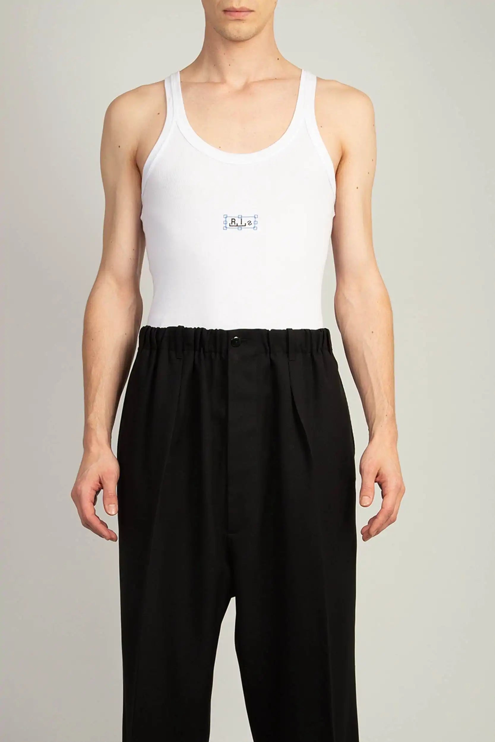 Random Identities Logo Rib Tank top in White with printed RIs logo and ribbed cotton