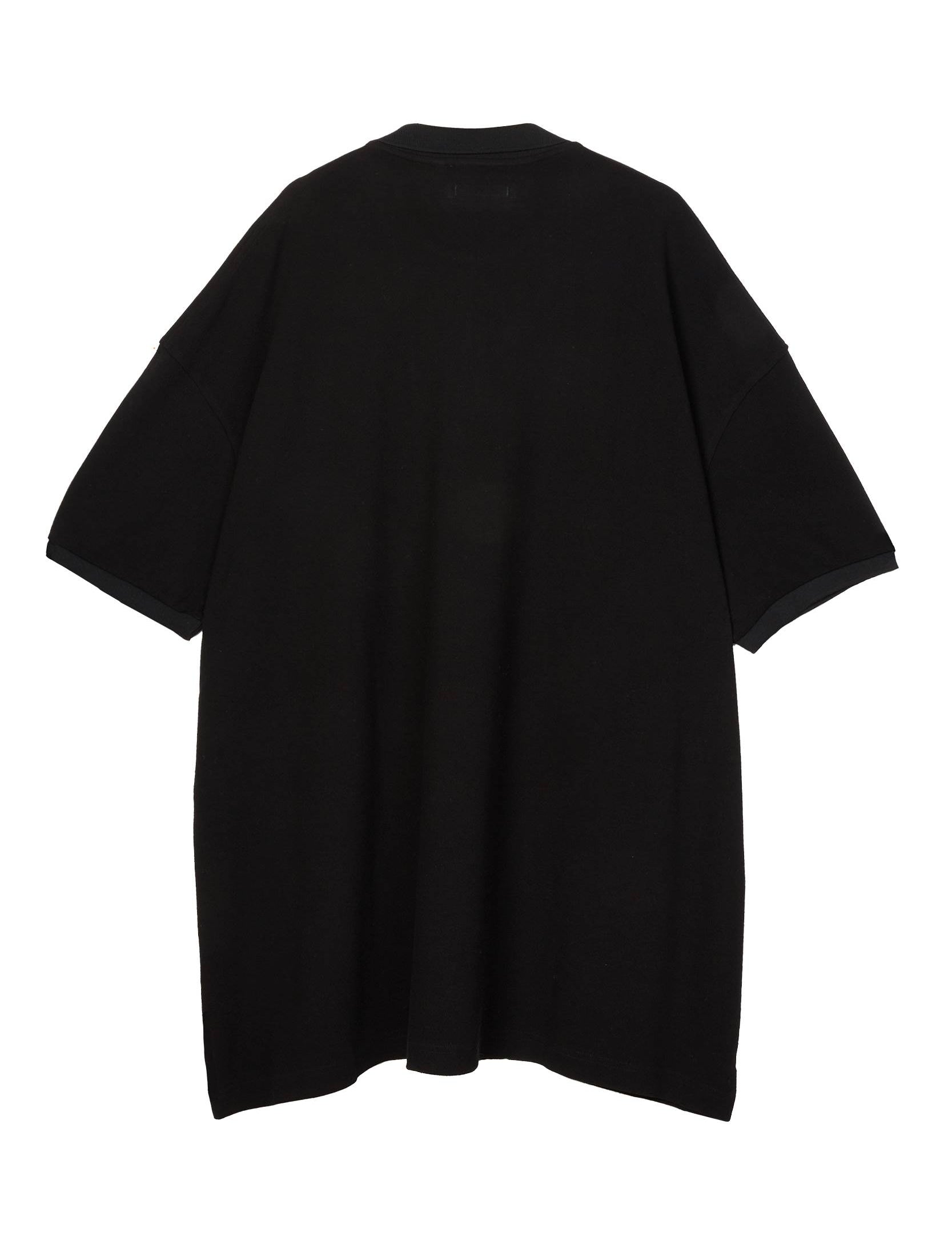 Black piqué maxi polo by Random Identities. covered zip placket, flat-knit collar