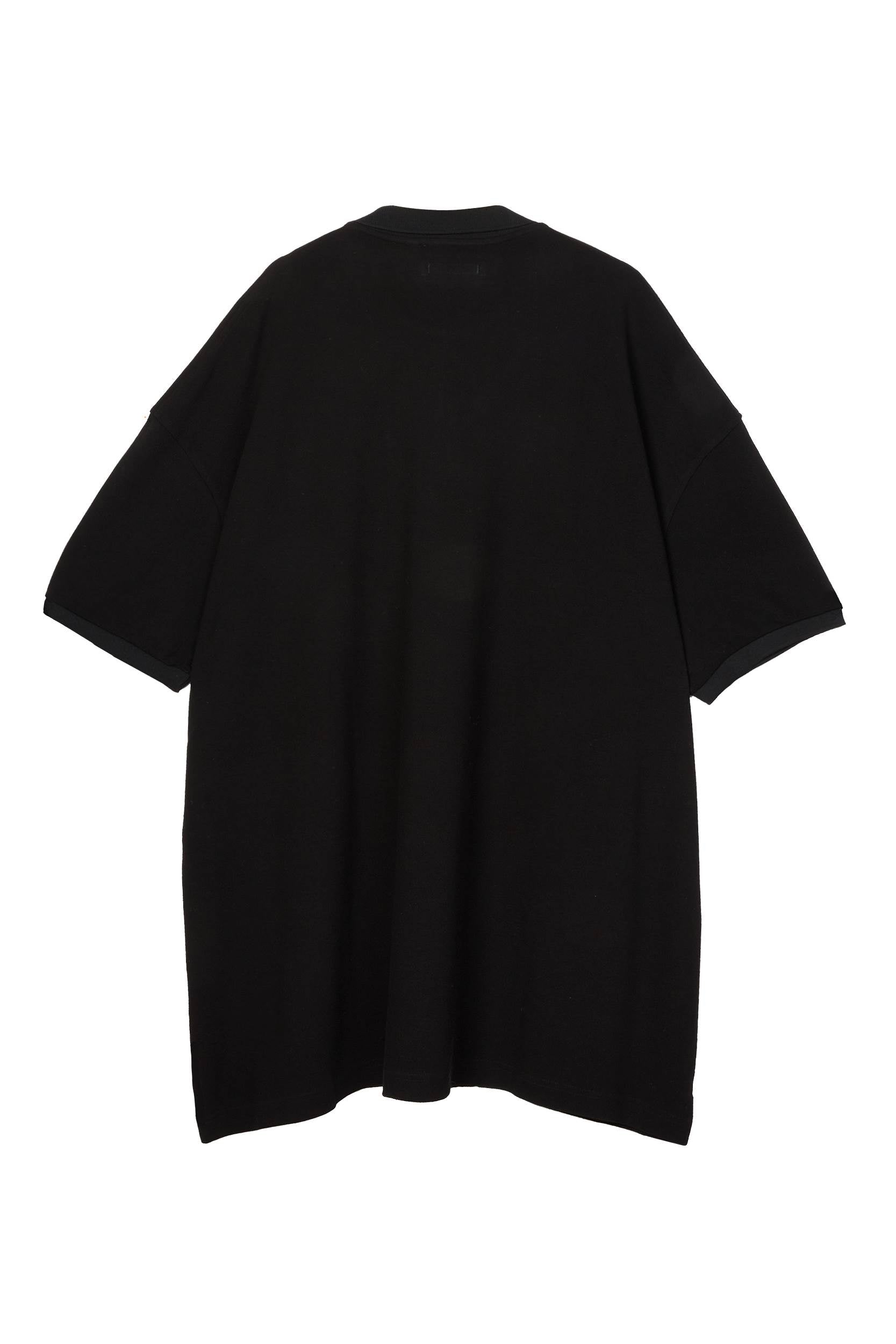 Black piqué maxi polo by Random Identities. covered zip placket, flat-knit collar