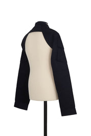 Shrug Jacket in Black. sleeve cargo pocket detail, 100% cotton, regular fit