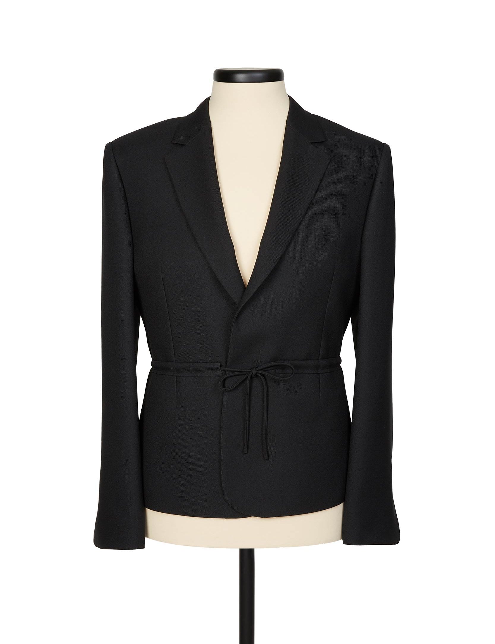 Random Identities Coulisse Micro Blazer in Black. gabardine micro blazer with notch lapel and self‑fabric coulisse tie