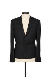 Random Identities Coulisse Micro Blazer in Black. gabardine micro blazer with notch lapel and self‑fabric coulisse tie