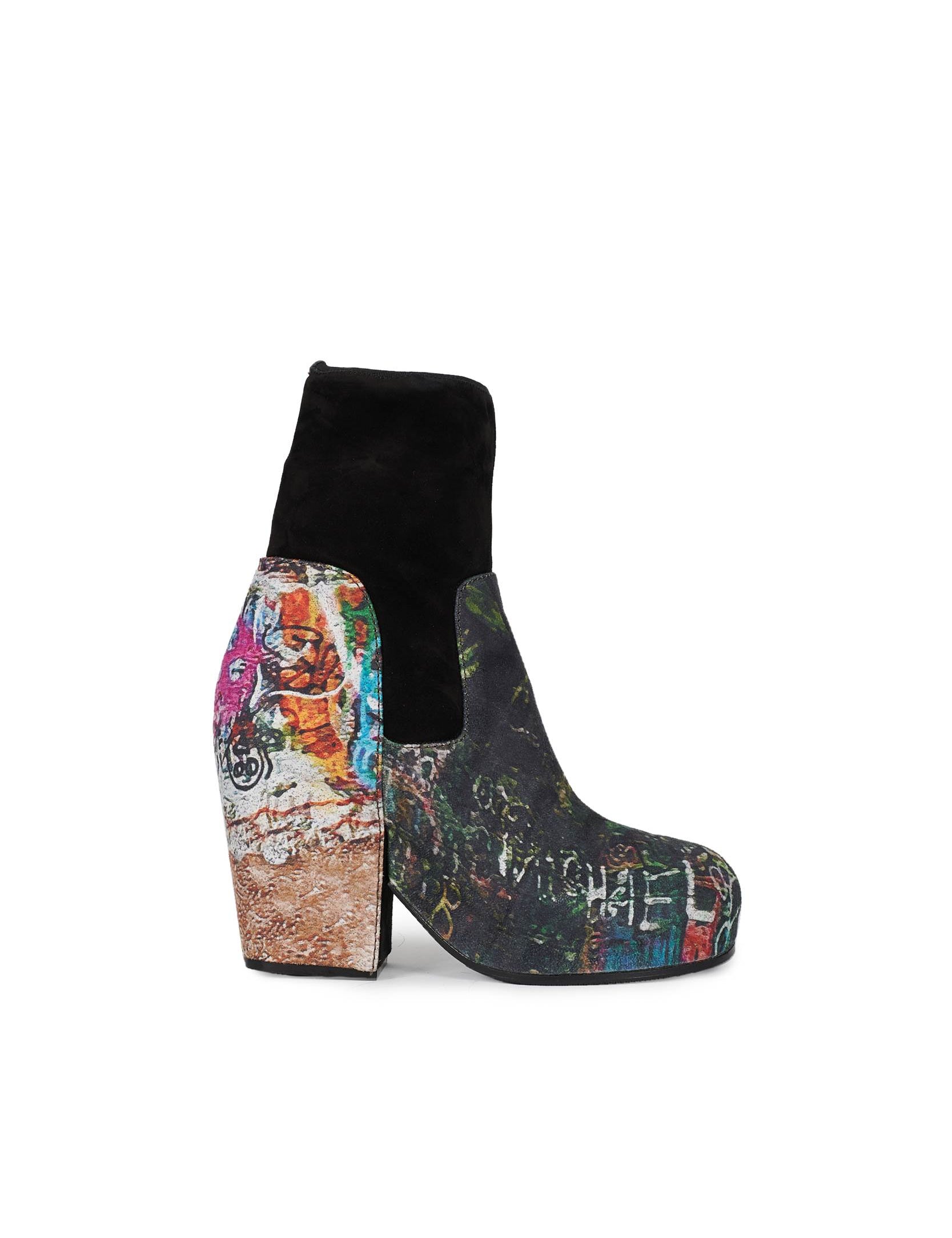 Random Identities Platform Boots in Graffiti Pattern. calf suede with stretch‑suede ankle cuff and elasticated grosgrain binding