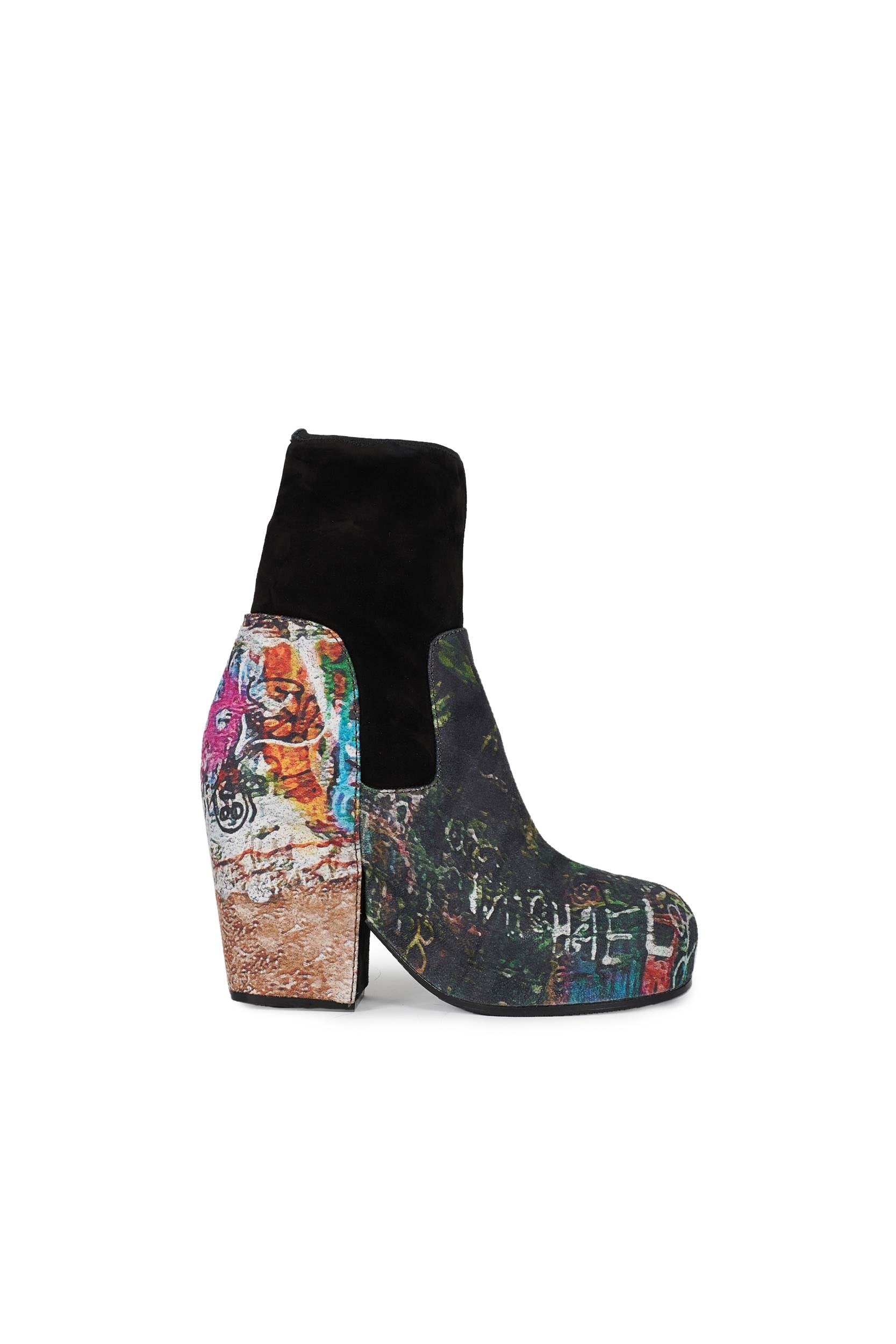 Random Identities Platform Boots in Graffiti Pattern. calf suede with stretch‑suede ankle cuff and elasticated grosgrain binding