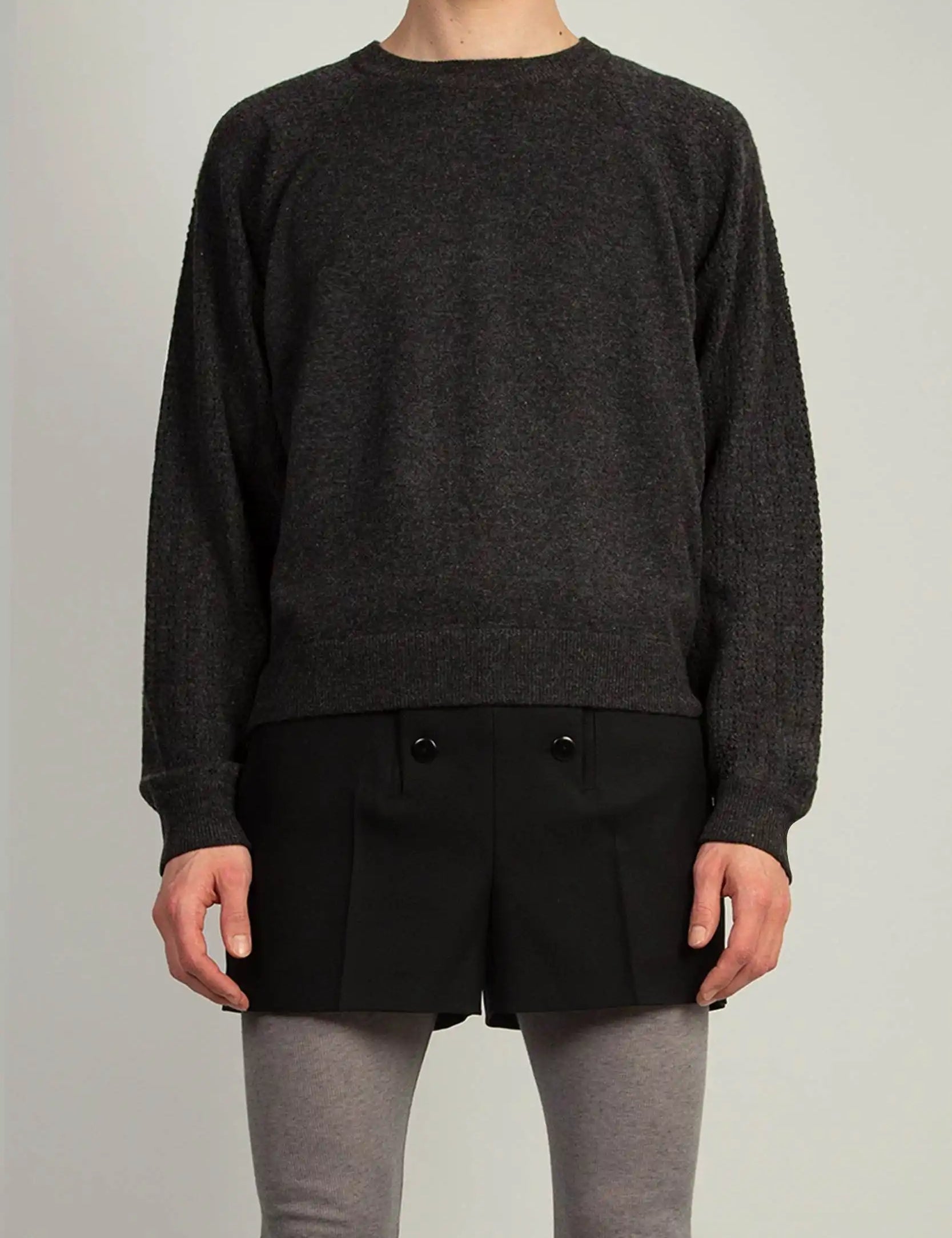 Random Identities High Collar Crew Neck in Grey with 1x1 rib trims and side zips, front view