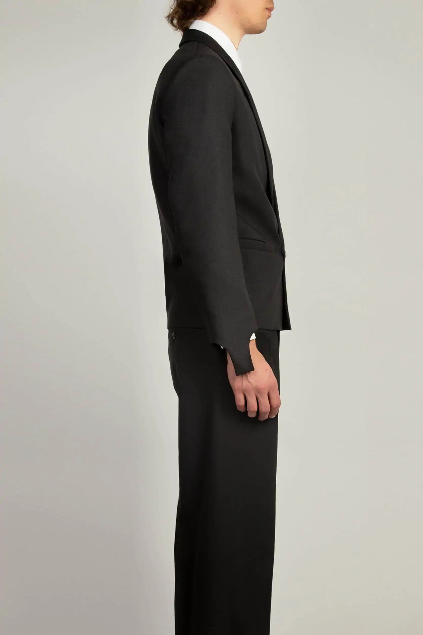 Black double-breasted Coco Blazer by Random Identities with glove-cuff detail and minimal lapels