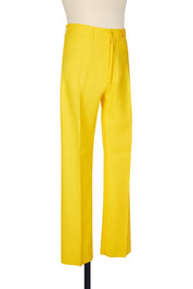 Yellow high-rise five-pocket trousers with single jet back pockets and yoke insert, polyester gabardine