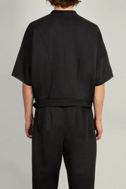 Back view of Black Sweatshirt With Emphasised Back by Random Identities showing faux leather belt and emphasised back construction