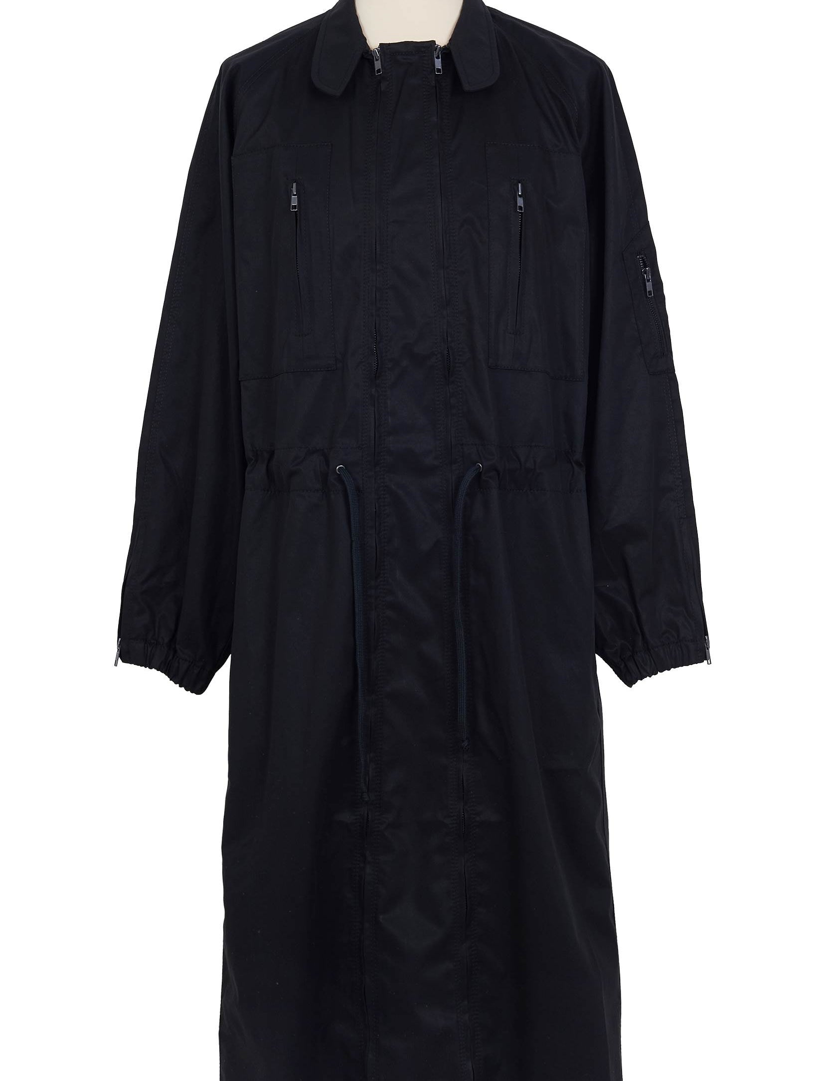 Random Identities Versatile Coat Dress in Black. cotton gabardine with twin two‑way front zips, drawstring waist and zip pockets