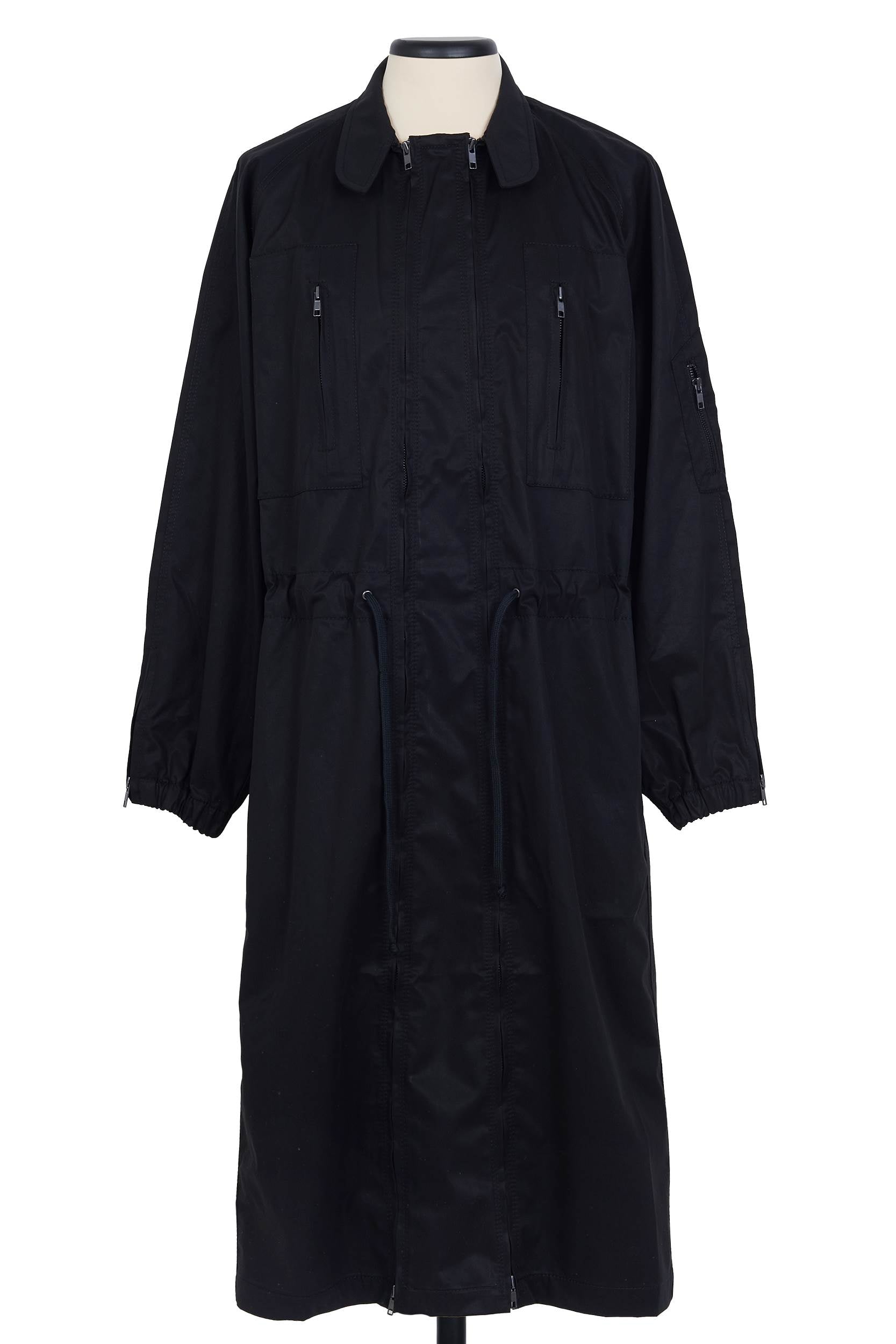 Random Identities Versatile Coat Dress in Black. cotton gabardine with twin two‑way front zips, drawstring waist and zip pockets
