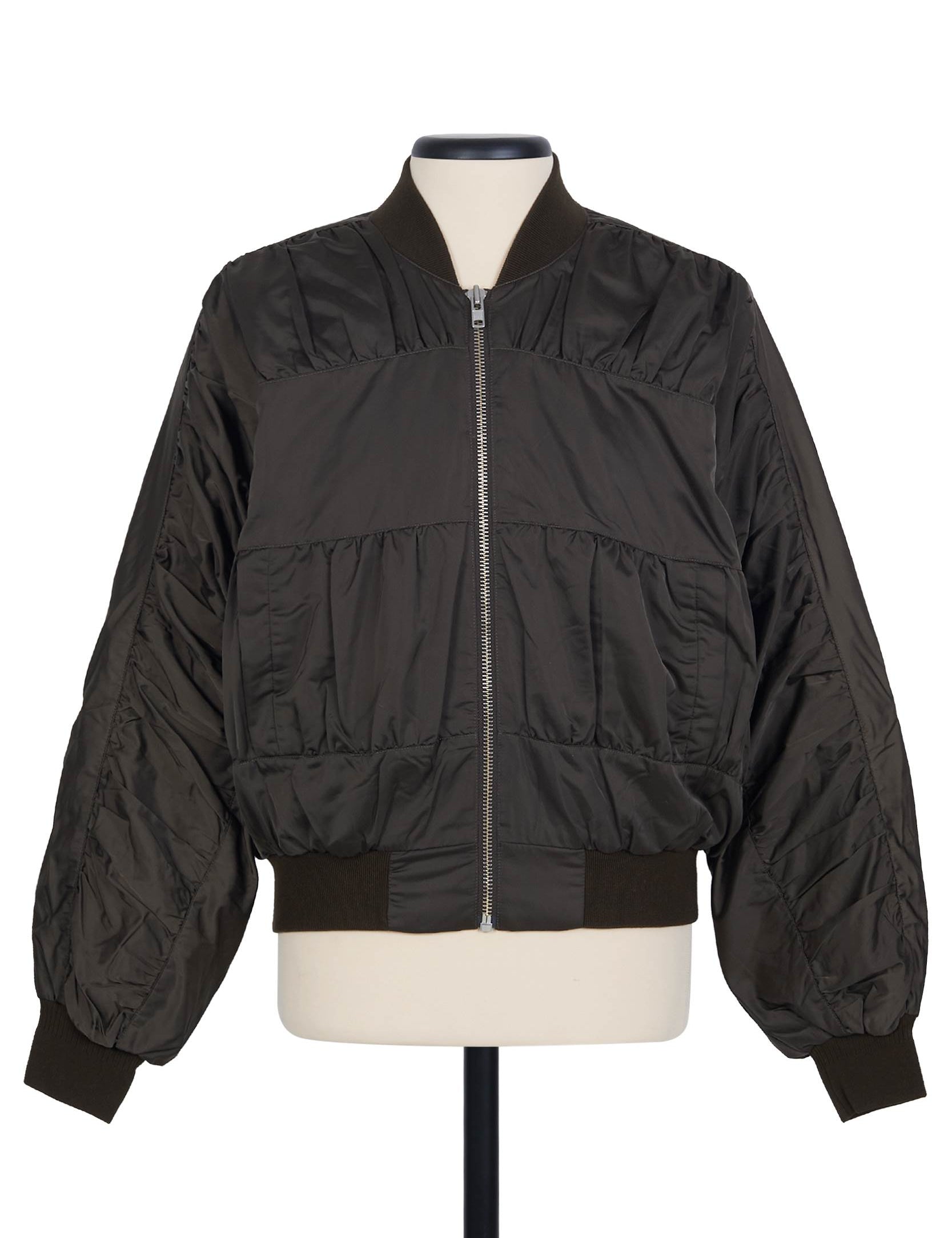 Random Identities Ruched Bomber Jacket in Bronze with ruched panels and ribbed neck, hem and cuffs