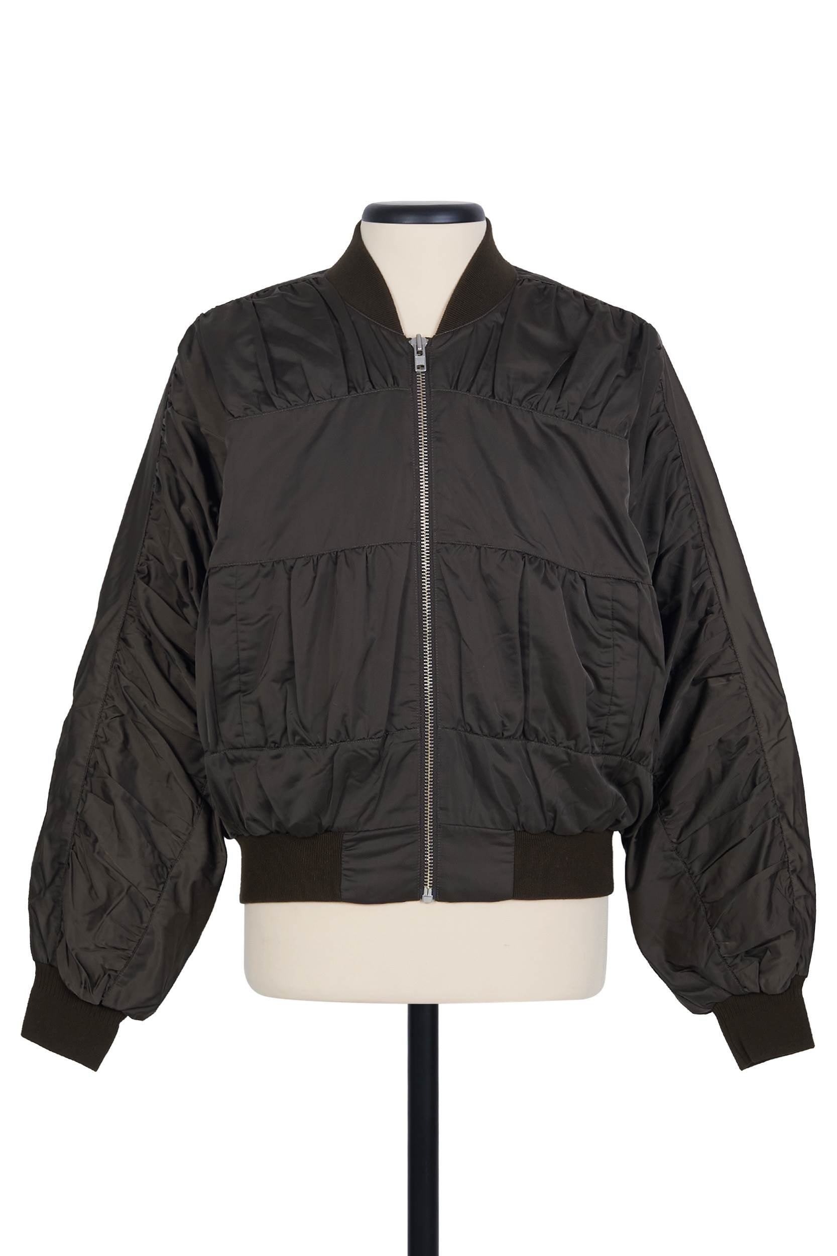 Random Identities Ruched Bomber Jacket in Bronze with ruched panels and ribbed neck, hem and cuffs