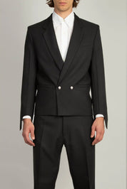 Random Identities Coco Blazer in Black, double-breasted gaberdine with two metal buttons and glove-cuff sleeves, front view