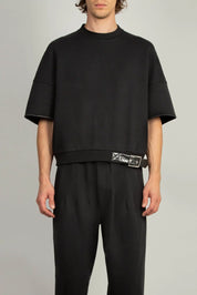 Random Identities Sweatshirt With Emphasised Back in Black, crew neck short sleeve sweatshirt with faux leather belt detail, front view