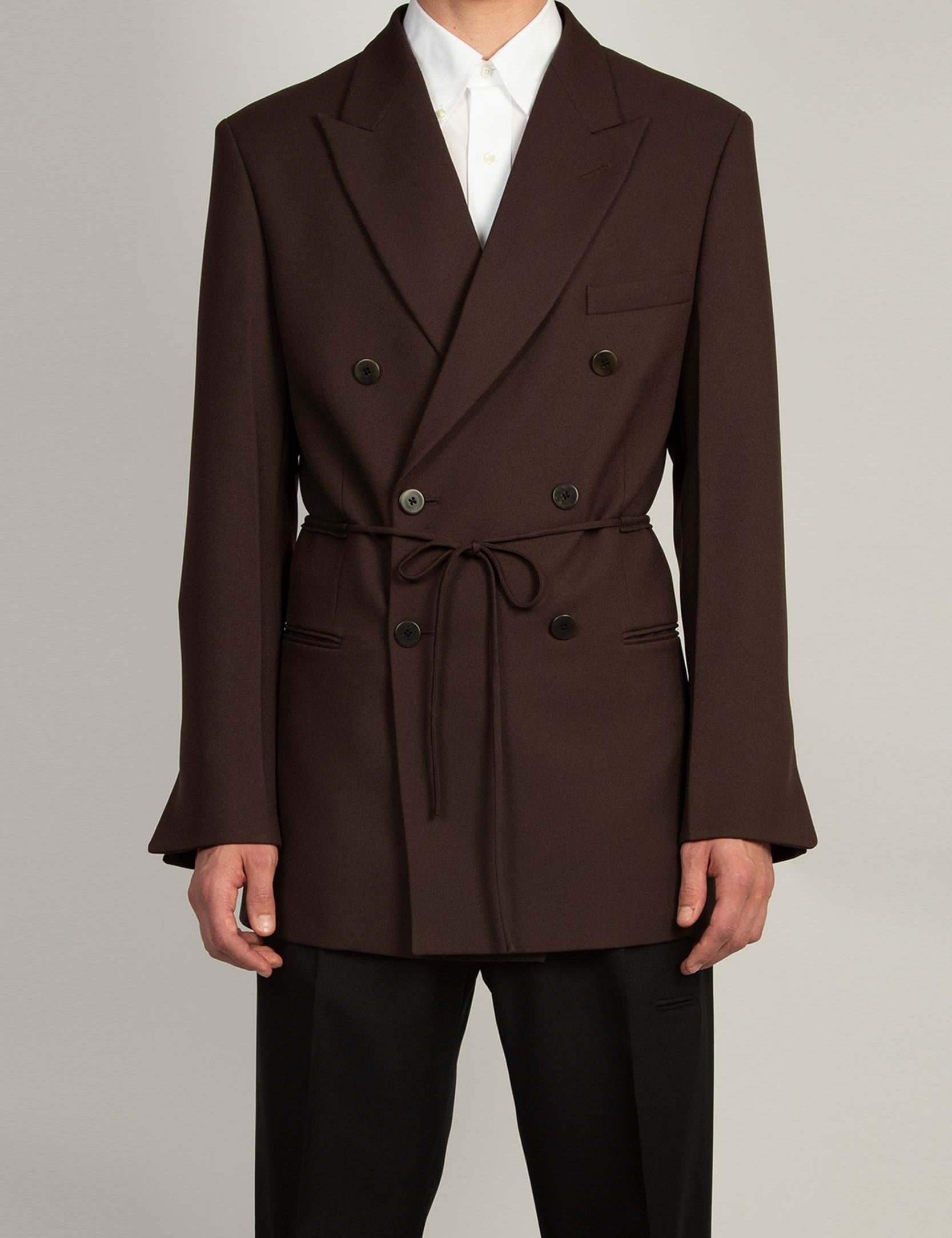 Random Identities Peak Lapel Coulisse Blazer in Mid Brown, gaberdine tailored blazer with peak lapel, front view