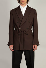 Random Identities Peak Lapel Coulisse Blazer in Mid Brown, gaberdine tailored blazer with peak lapel, front view