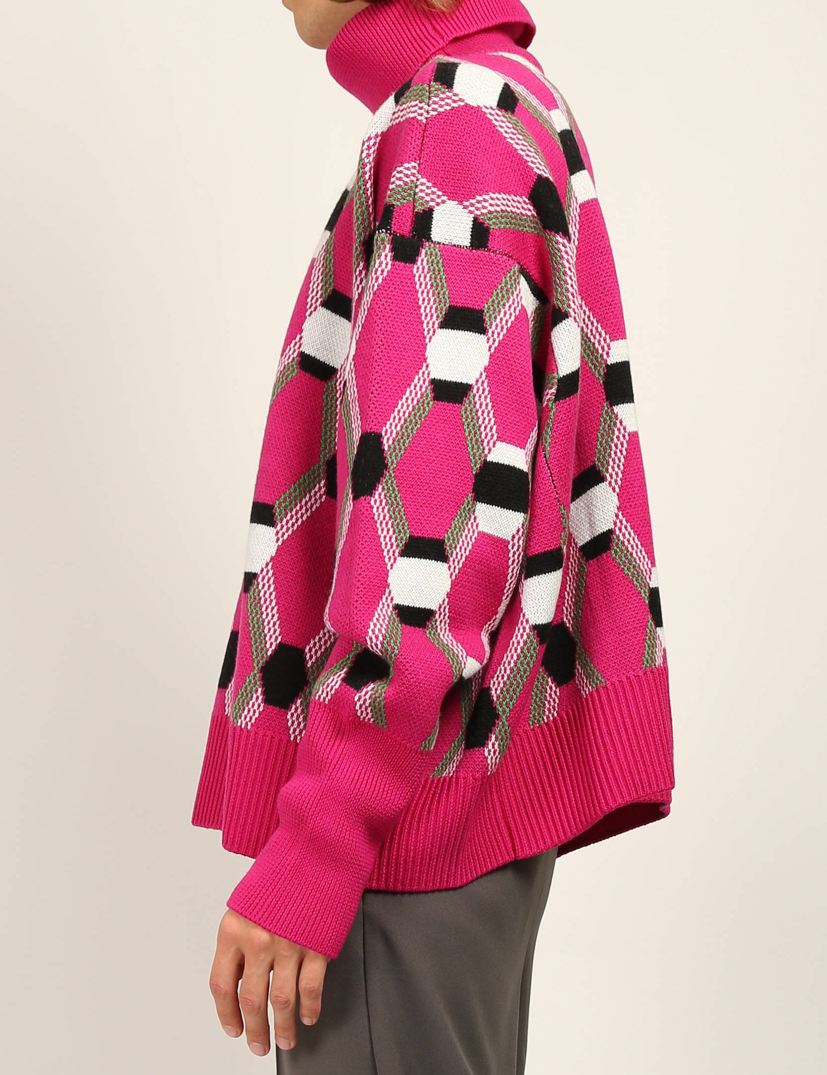 Pink Roll Neck Jacquard Sweater by Random Identities featuring oversize fit and new argyle pattern, styled with tailored trousers