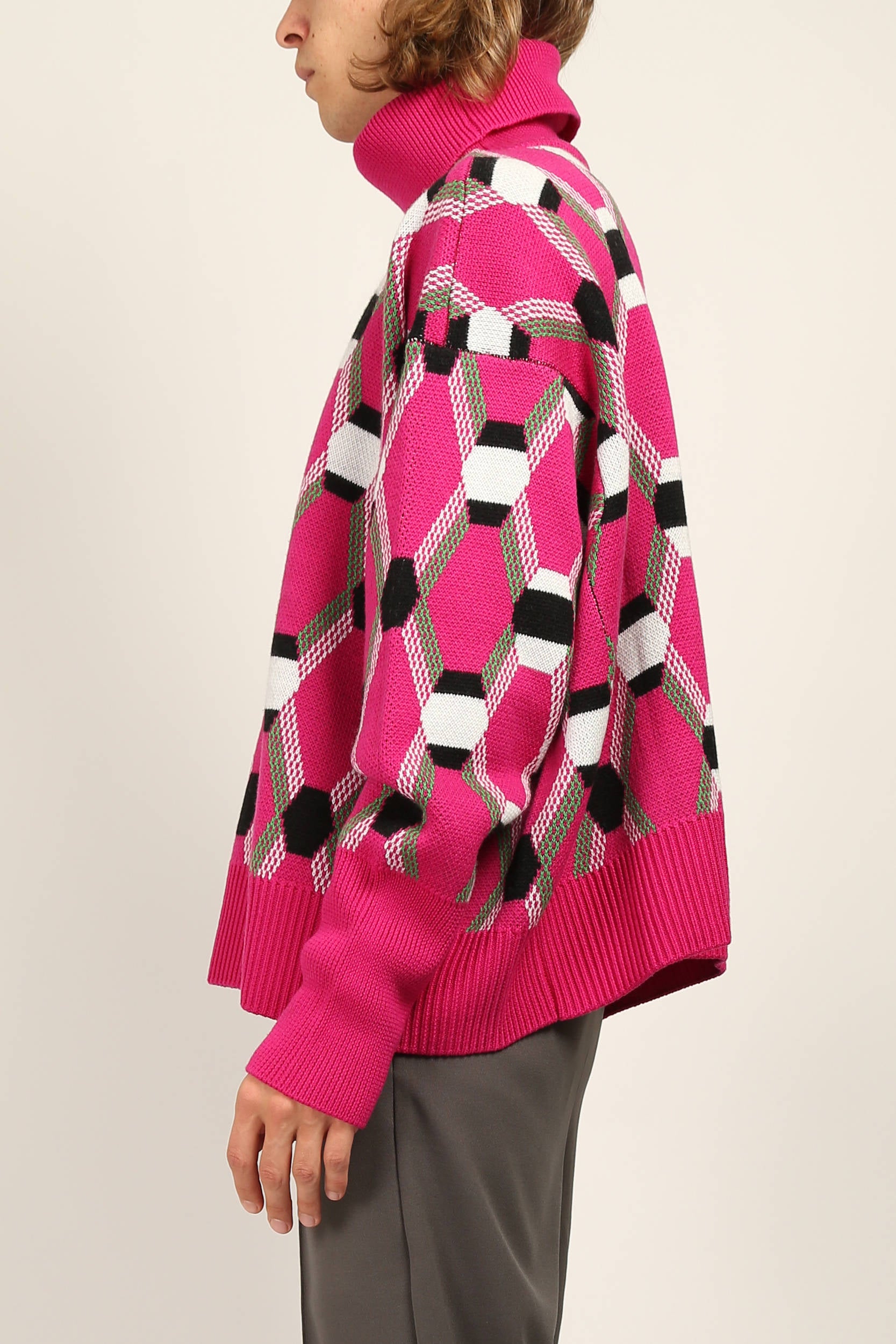 Pink Roll Neck Jacquard Sweater by Random Identities featuring oversize fit and new argyle pattern, styled with tailored trousers