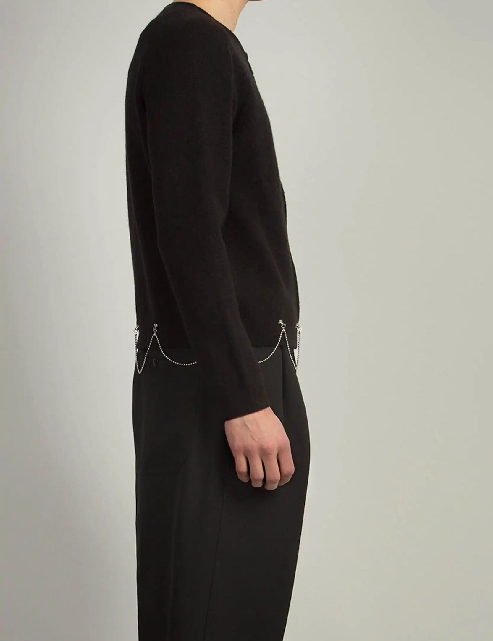 Black full-zip Stretch Shetland cardigan by Random Identities with chain detail at hem, styled open