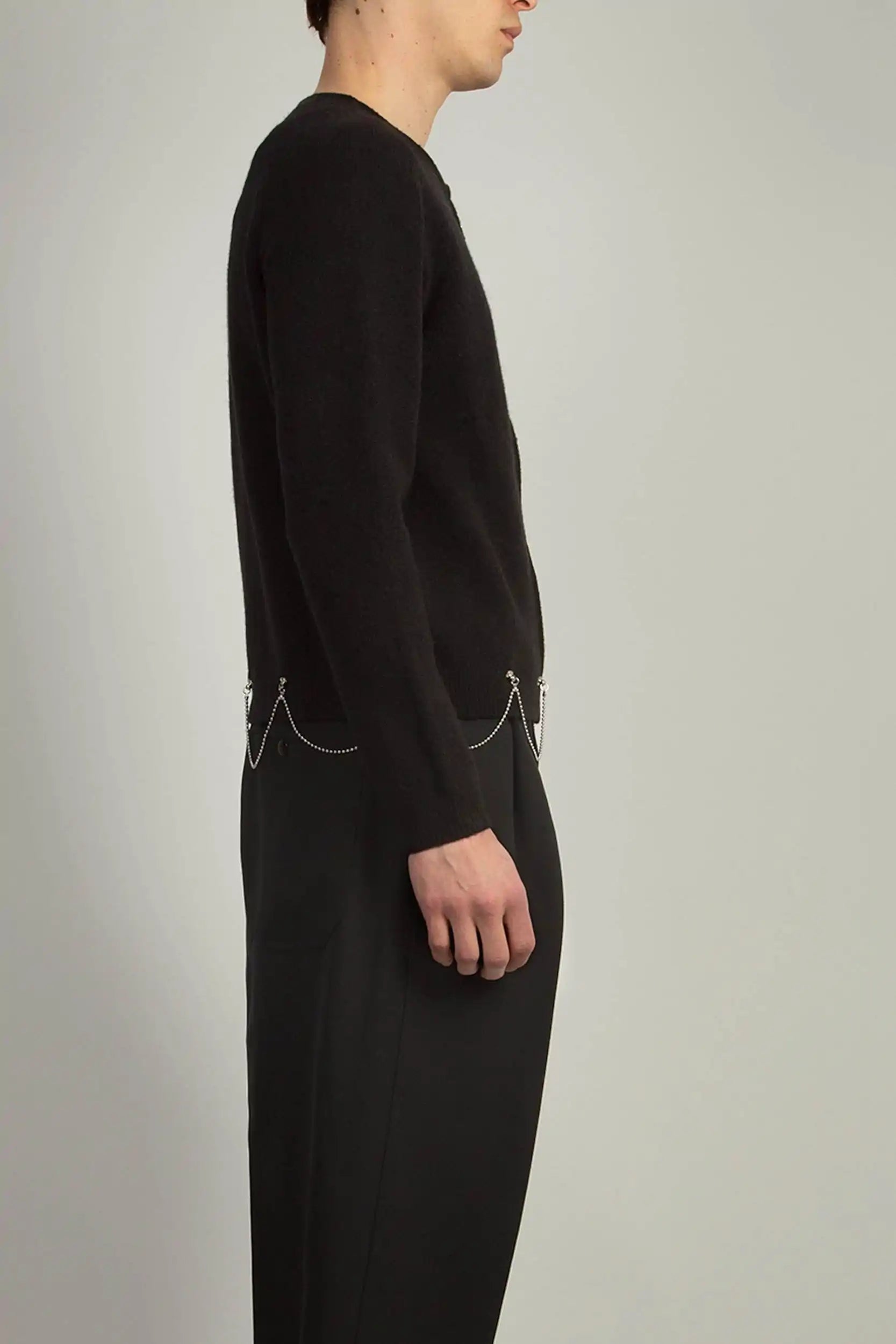 Black full-zip Stretch Shetland cardigan by Random Identities with chain detail at hem, styled open